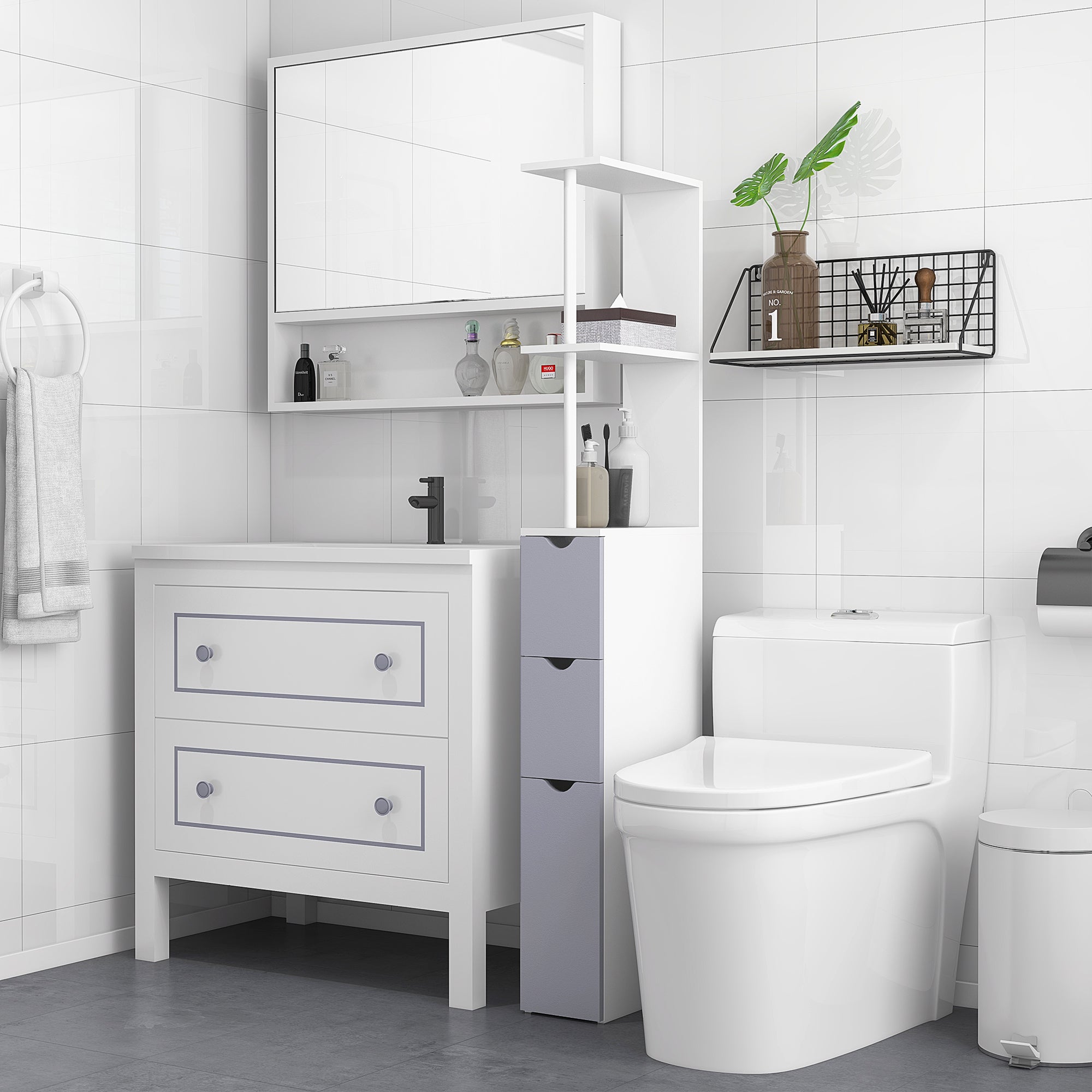 Modern Bathroom Auxiliary Column Bathroom Cabinet Storage Unit with 2 Shelves 2 Drawers and 1 Anti-Tip Door 15x33x136.5 cm White