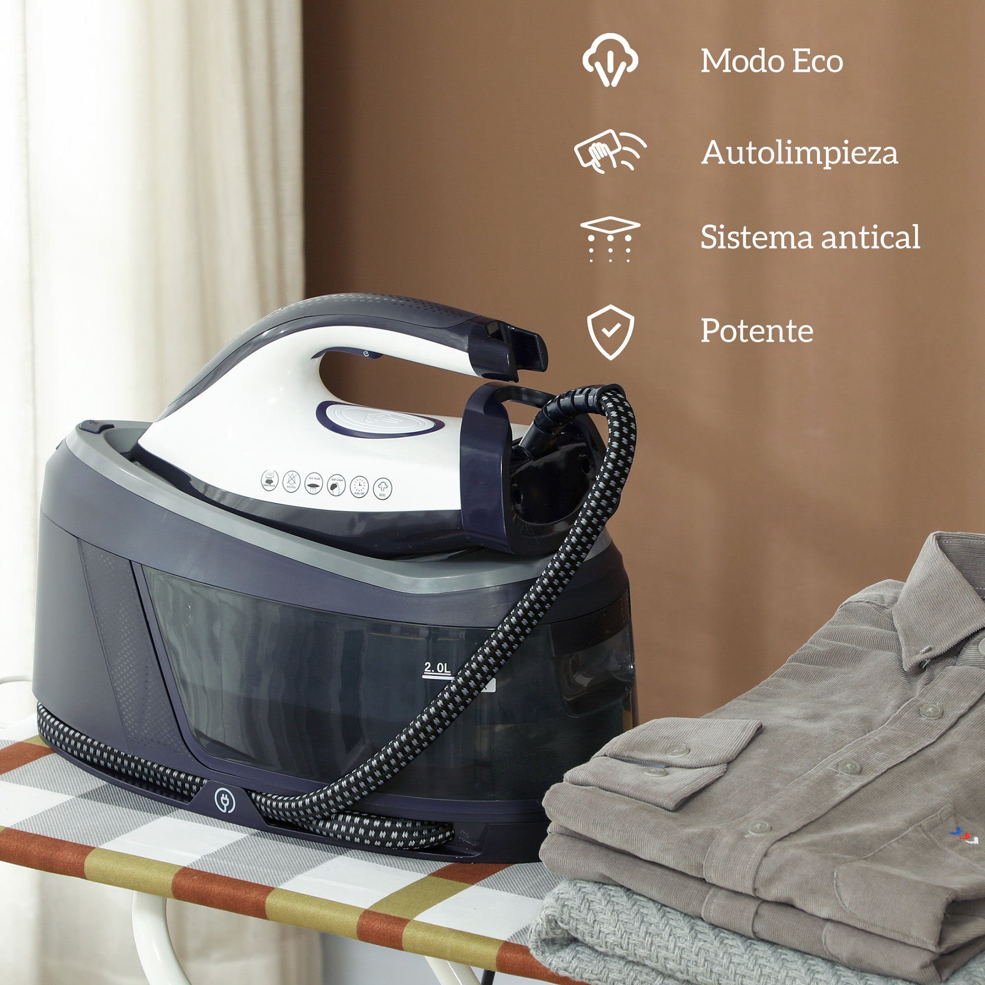 2800W Ironing Center 100 g/min 8 Bars ECO Function Double Layer Ceramic Sole Powerful Vertical Ironing Automatic Shutdown Anti-Scale Self-Cleaning Removable Tank 2 L Blue