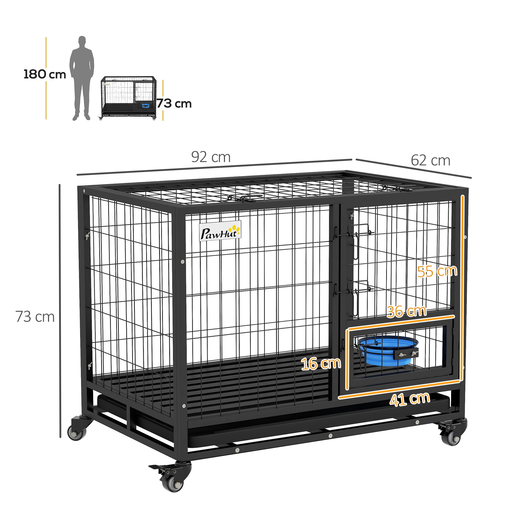 Dog Cage Large Dog Cage with Flip-Top Lid Bowl Holder Removable Tray Wheels and Double Detachable Door 92x62x73 cm Black