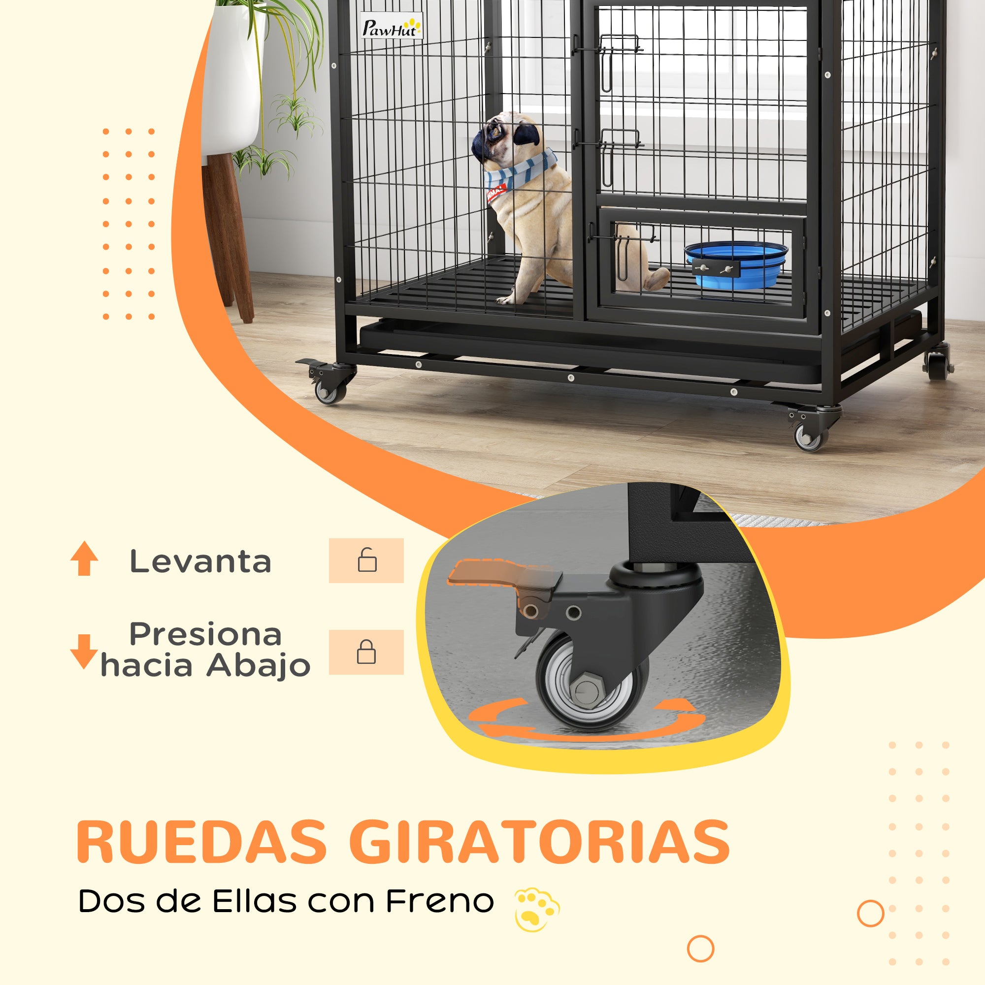 Dog Cage Large Dog Cage with Flip-Top Lid Bowl Holder Removable Tray Wheels and Double Detachable Door 92x62x73 cm Black