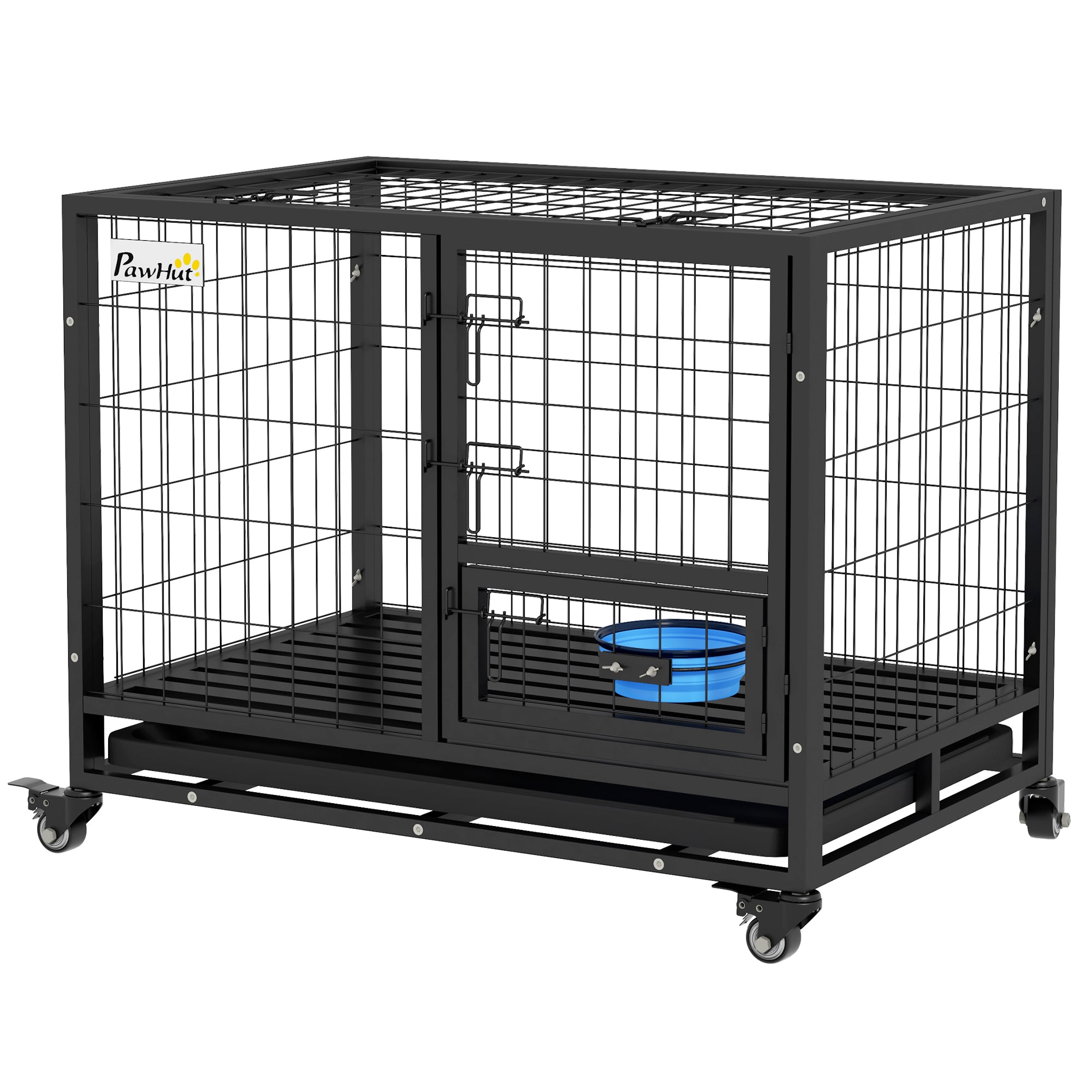 Dog Cage Large Dog Cage with Flip-Top Lid Bowl Holder Removable Tray Wheels and Double Detachable Door 92x62x73 cm Black