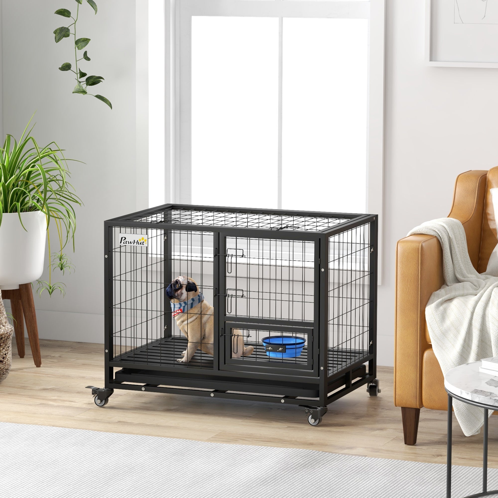 Dog Cage Large Dog Cage with Flip-Top Lid Bowl Holder Removable Tray Wheels and Double Detachable Door 92x62x73 cm Black