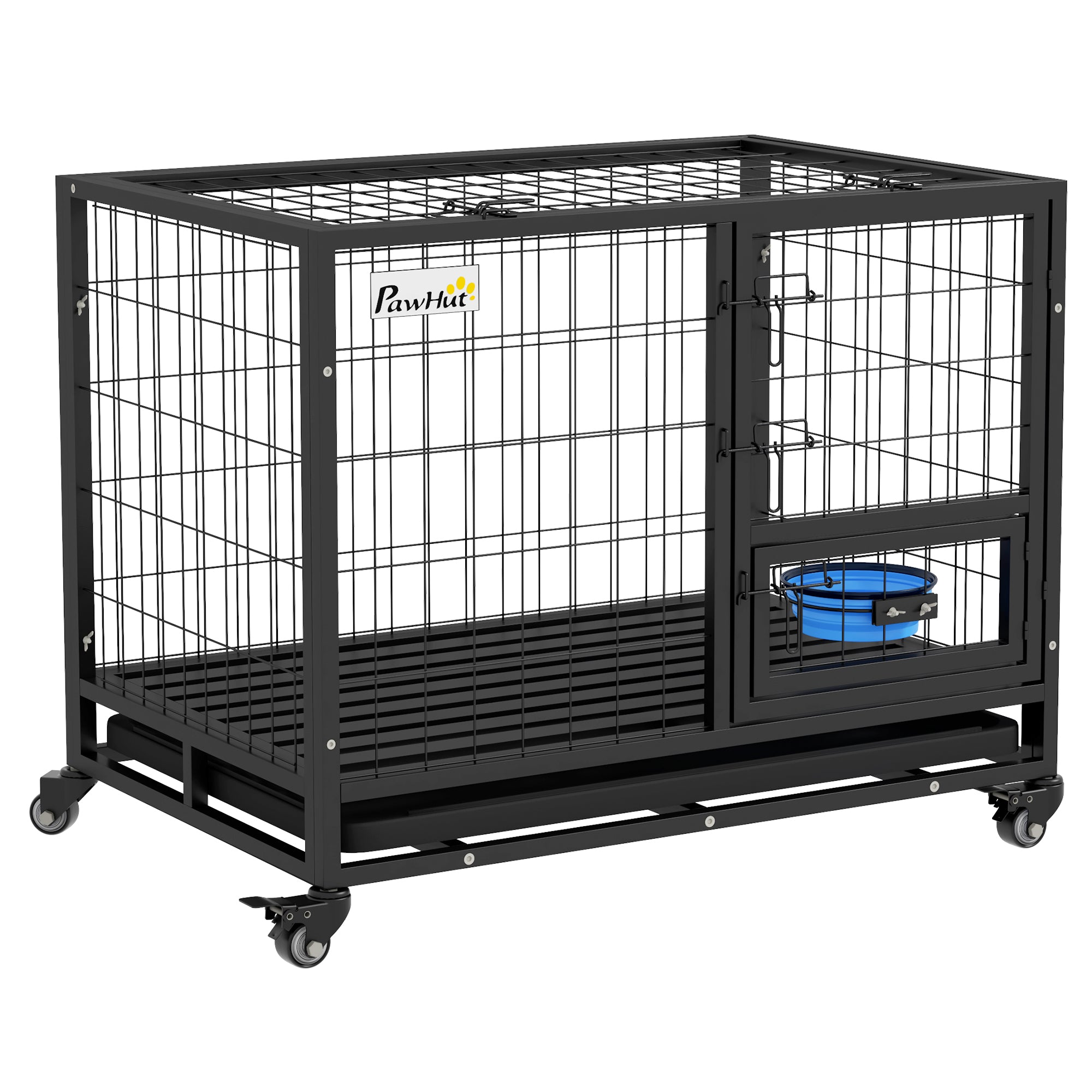Dog Cage Large Dog Cage with Flip-Top Lid Bowl Holder Removable Tray Wheels and Double Detachable Door 92x62x73 cm Black