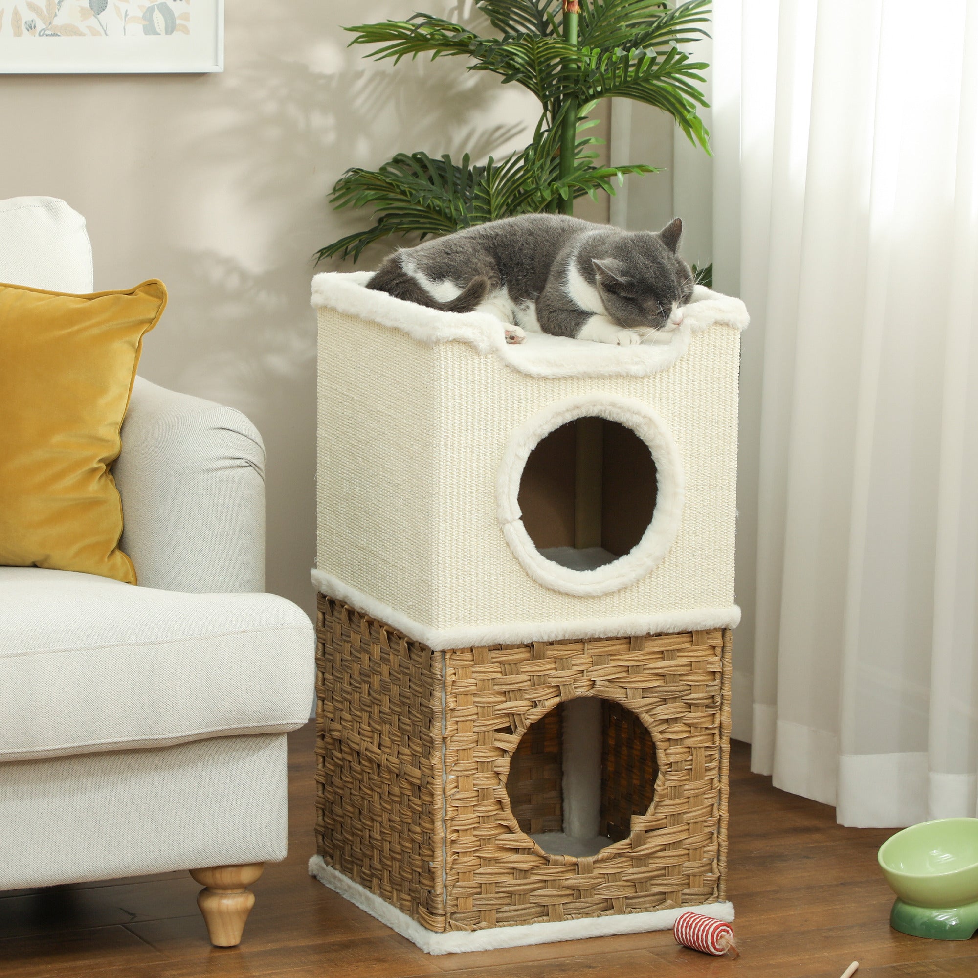 Indoor Cat Niche 3-Level Cat Tower with Open Top Platform, Sisal Scratching Barrel for Pets under 6 kg, 41 x 41 x 75.5 cm, Cream