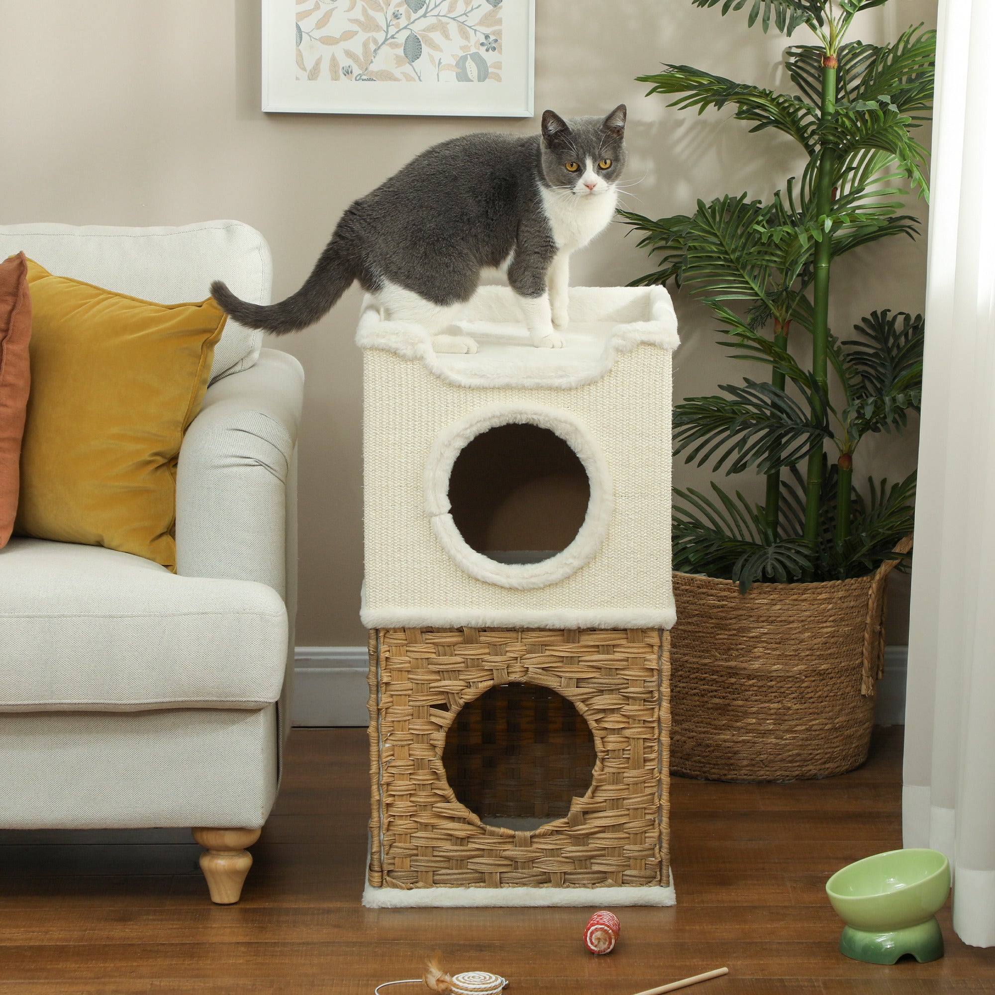 Indoor Cat Niche 3-Level Cat Tower with Open Top Platform, Sisal Scratching Barrel for Pets under 6 kg, 41 x 41 x 75.5 cm, Cream