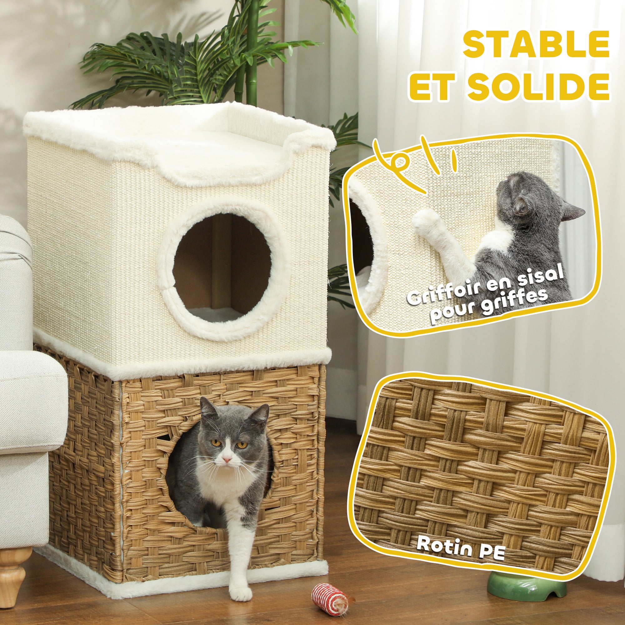 Indoor Cat Niche 3-Level Cat Tower with Open Top Platform, Sisal Scratching Barrel for Pets under 6 kg, 41 x 41 x 75.5 cm, Cream
