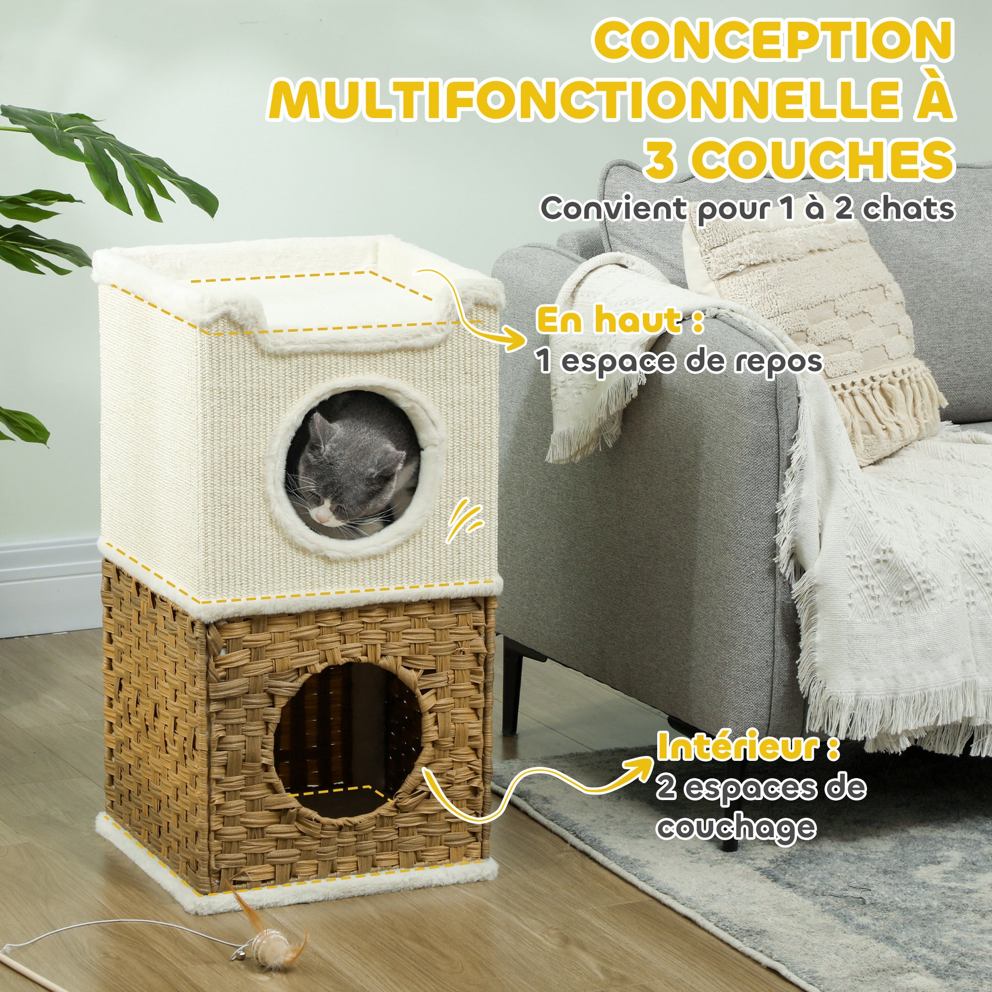 Indoor Cat Niche 3-Level Cat Tower with Open Top Platform, Sisal Scratching Barrel for Pets under 6 kg, 41 x 41 x 75.5 cm, Cream