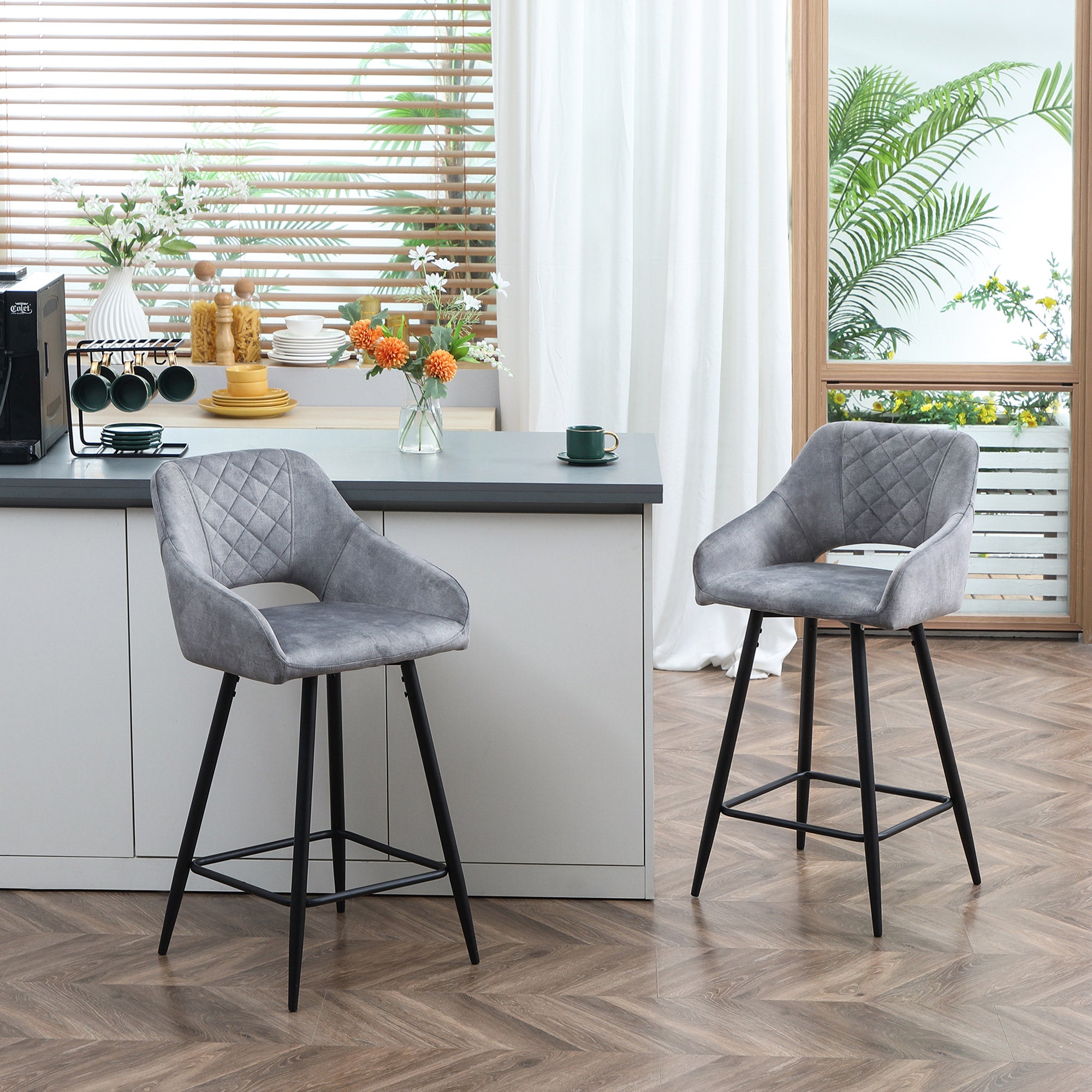2-Piece Swivel Bar Stools with Backrest Barstools Bistro Counter Height Dining Chairs Velvet-Look Kitchen Stools for Kitchen Living Room Dining Room Steel Gray 50 x 56 x 98 cm