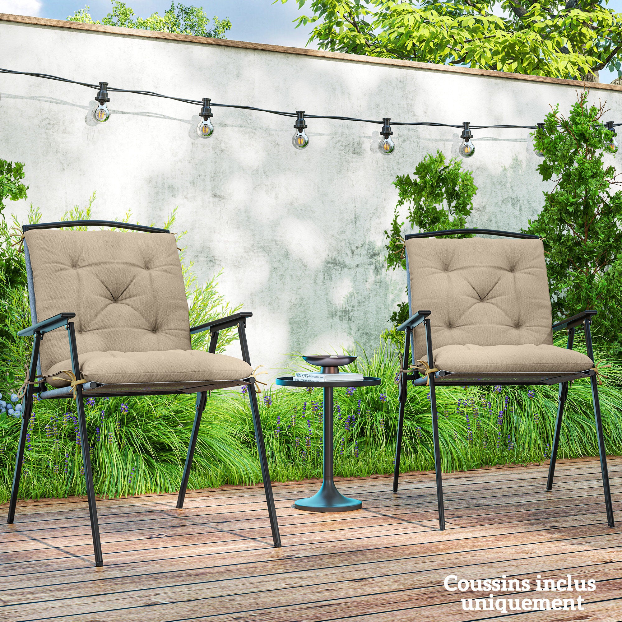 Set of 2 outdoor chair cushions, chair pads with ties, garden cushions for terrace or balcony, 98 x 50 x 8 cm, beige