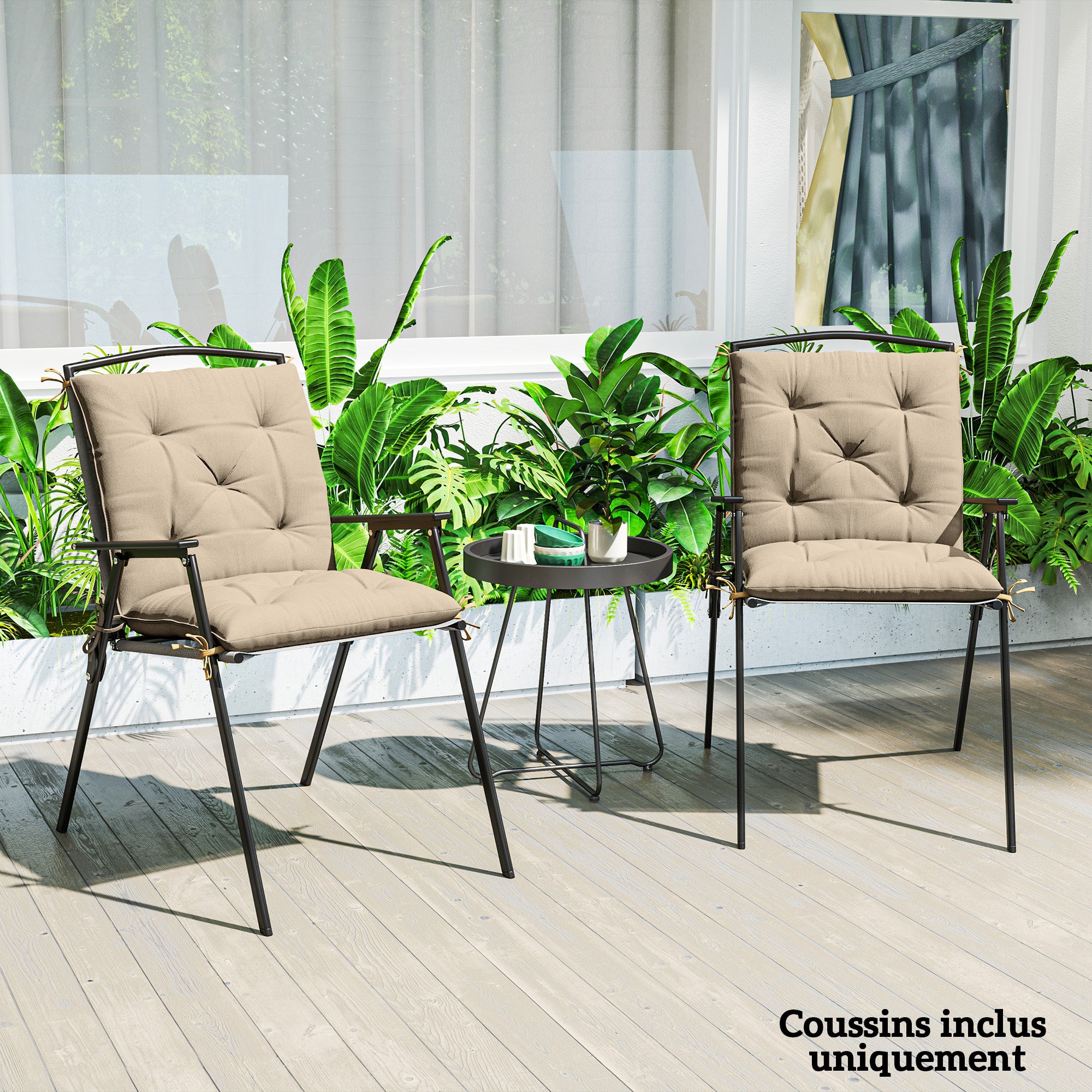 Set of 2 outdoor chair cushions, chair pads with ties, garden cushions for terrace or balcony, 98 x 50 x 8 cm, beige