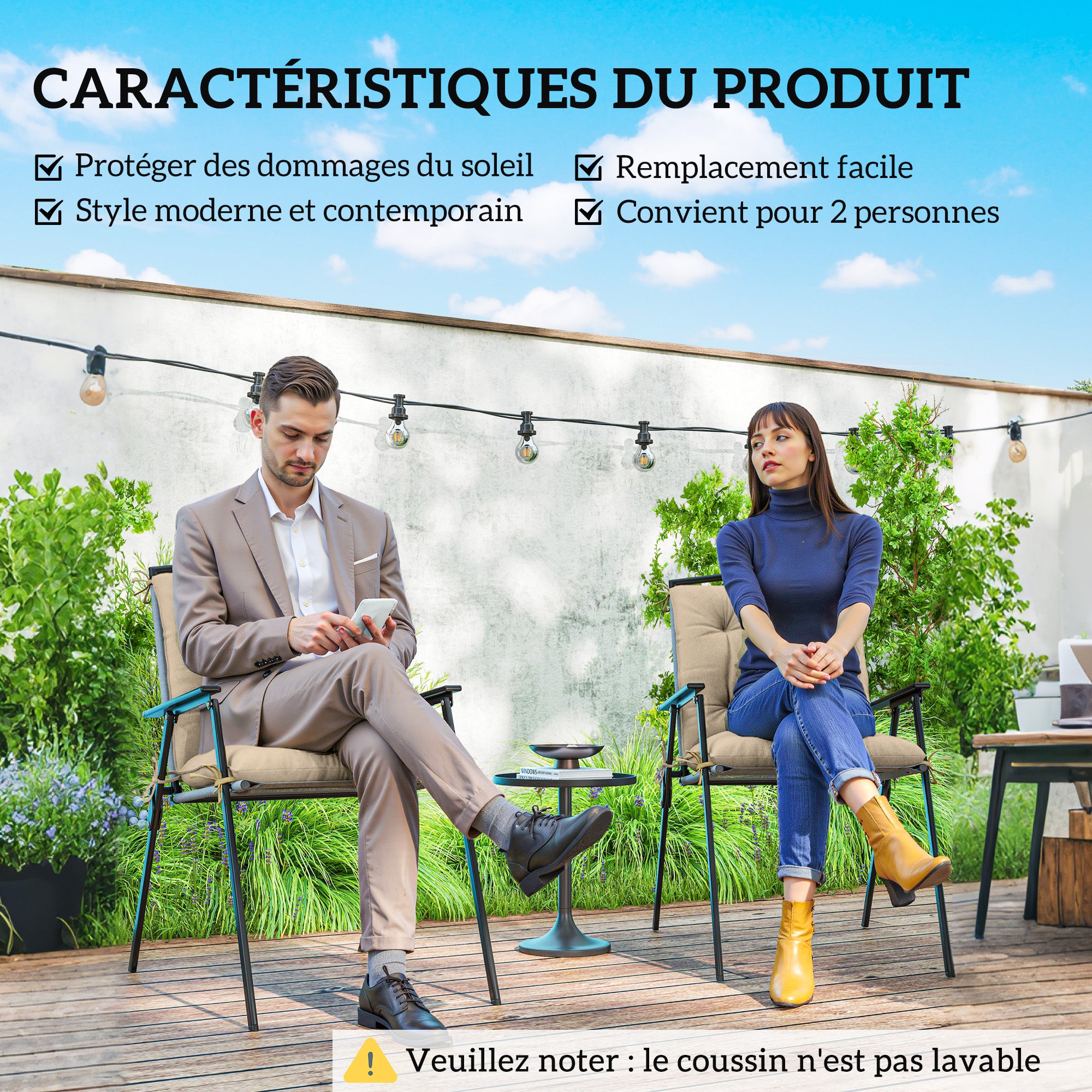 Set of 2 outdoor chair cushions, chair pads with ties, garden cushions for terrace or balcony, 98 x 50 x 8 cm, beige