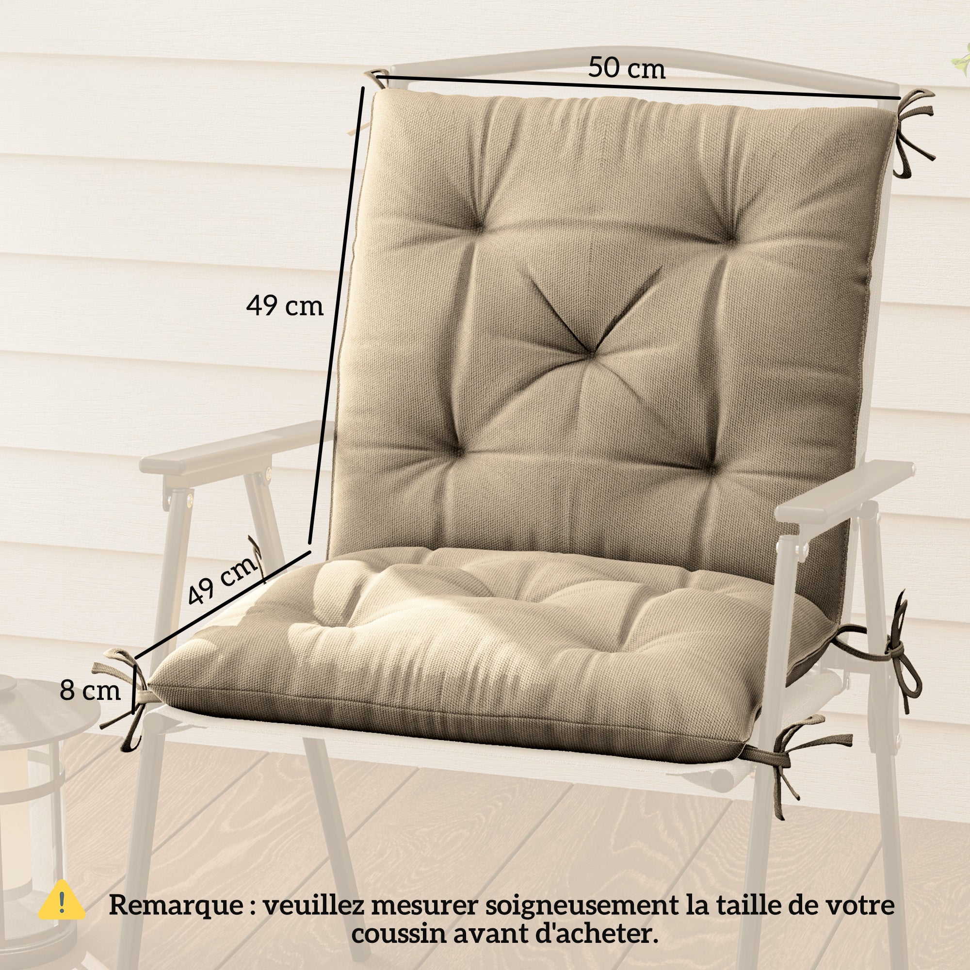 Set of 2 outdoor chair cushions, chair pads with ties, garden cushions for terrace or balcony, 98 x 50 x 8 cm, beige