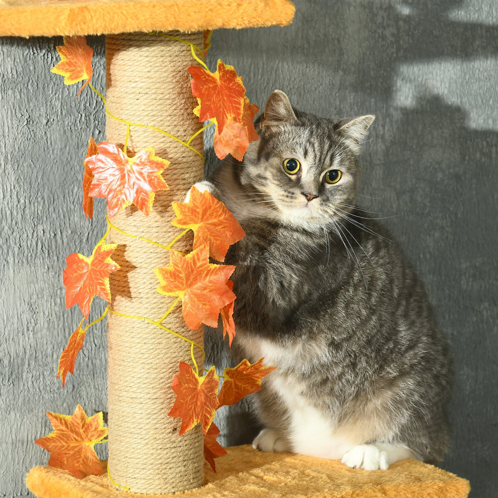 Floor-to-Ceiling Cat Tree 202-242 cm Cat Tower with 3 Platforms Sisal Posts Adjustable Height and Orange Maple Leaf Decoration