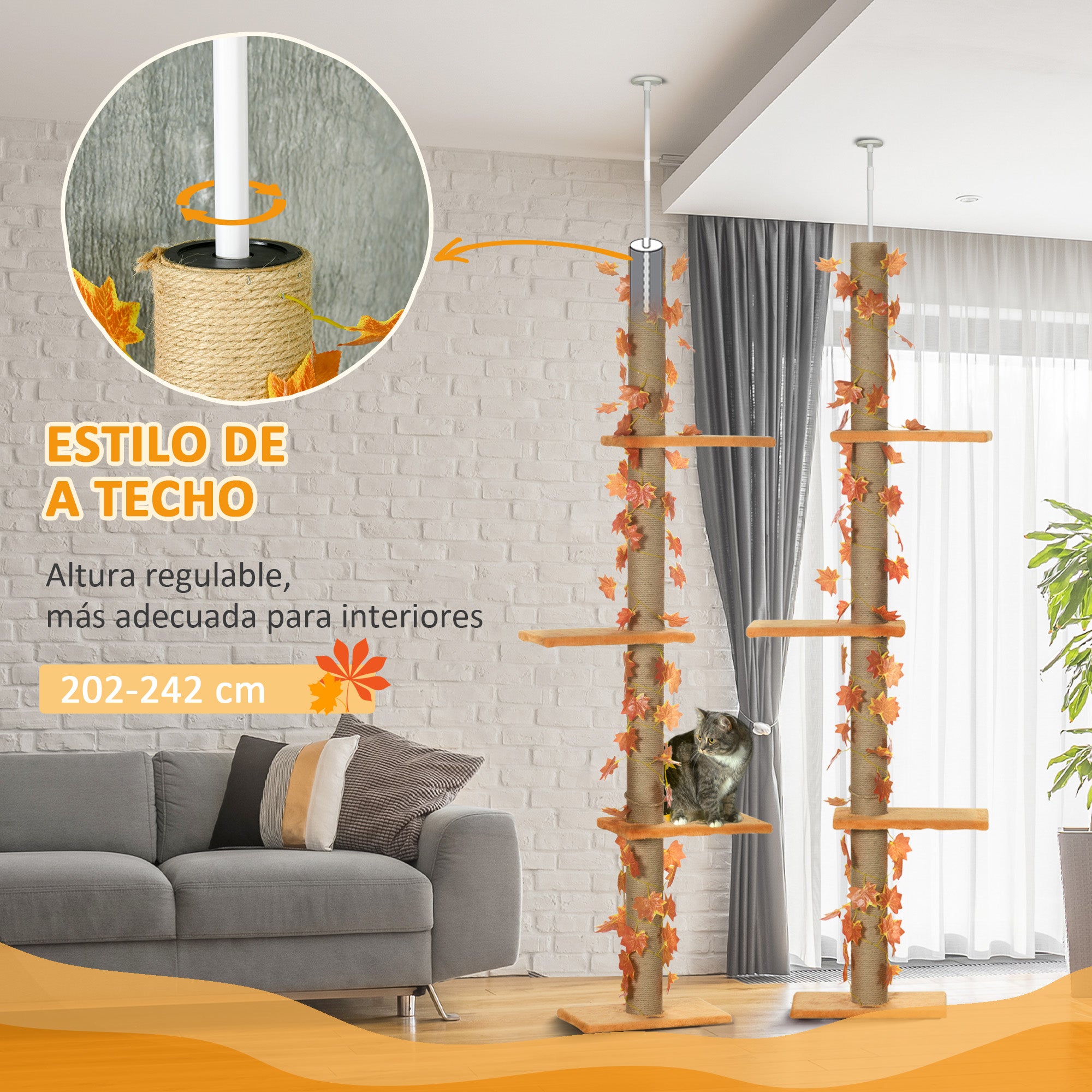 Floor-to-Ceiling Cat Tree 202-242 cm Cat Tower with 3 Platforms Sisal Posts Adjustable Height and Orange Maple Leaf Decoration