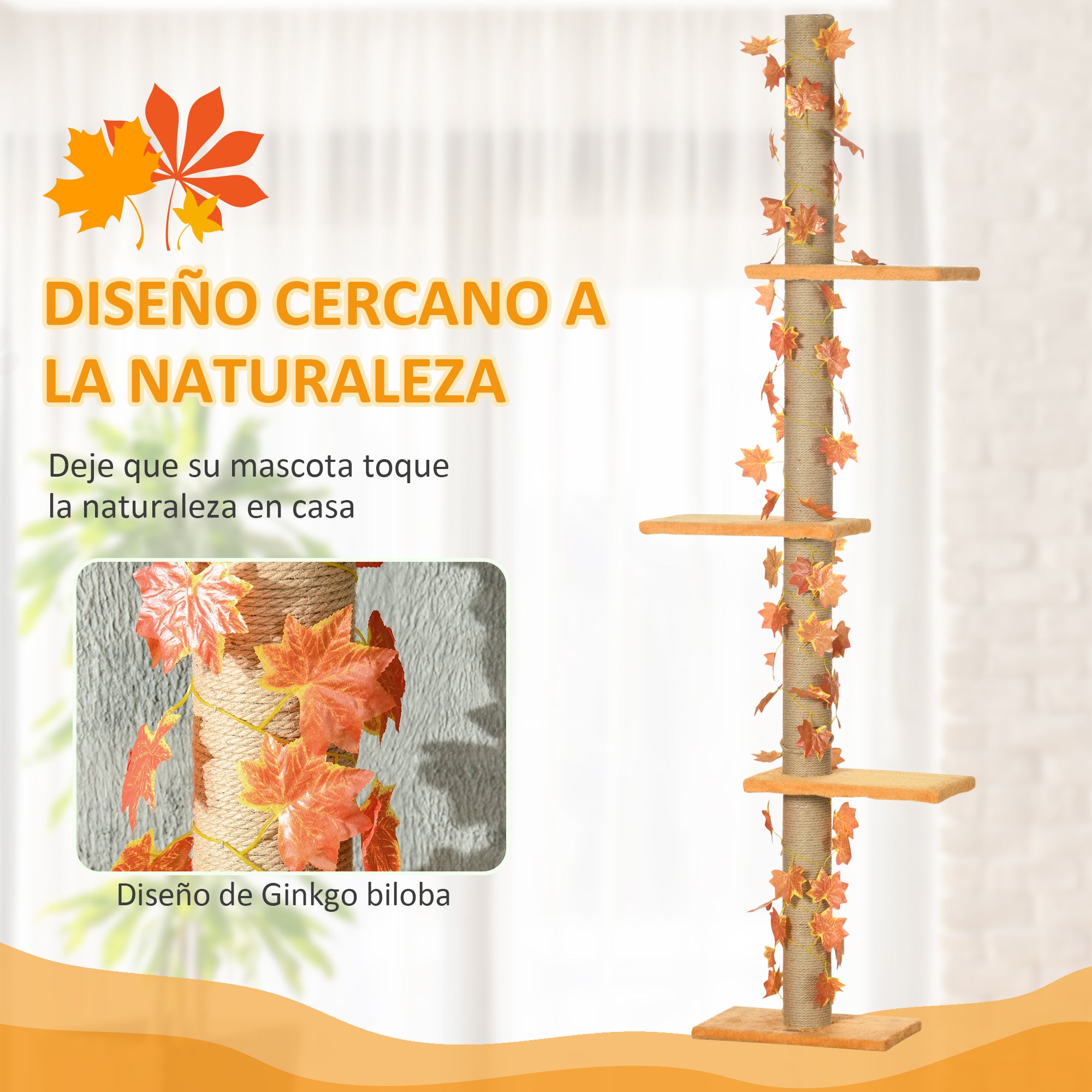 Floor-to-Ceiling Cat Tree 202-242 cm Cat Tower with 3 Platforms Sisal Posts Adjustable Height and Orange Maple Leaf Decoration