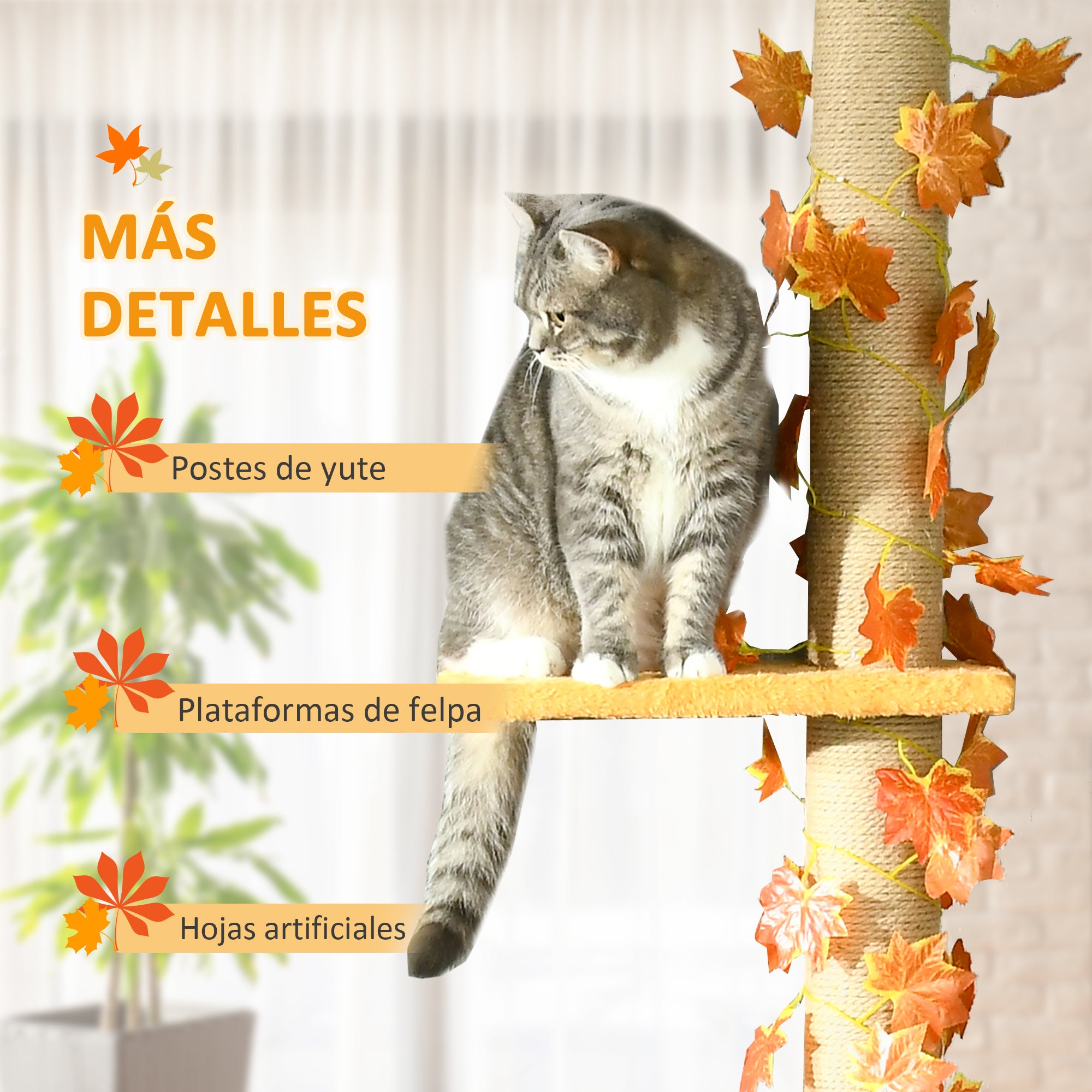 Floor-to-Ceiling Cat Tree 202-242 cm Cat Tower with 3 Platforms Sisal Posts Adjustable Height and Orange Maple Leaf Decoration