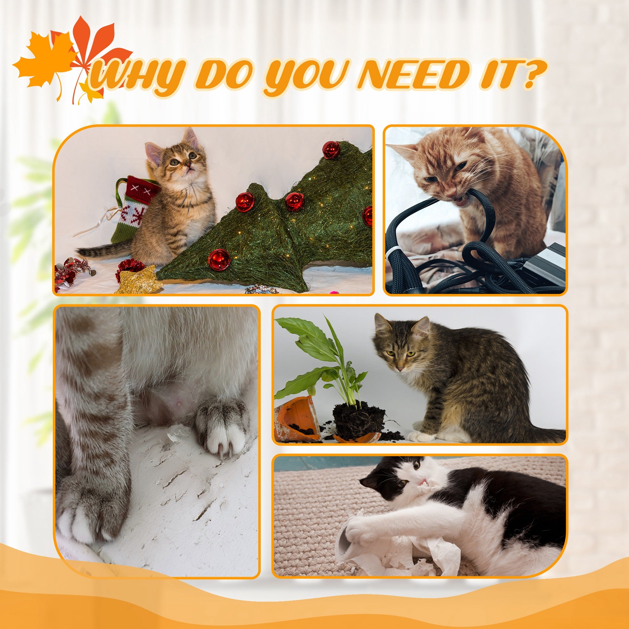 Floor-to-Ceiling Cat Tree 202-242 cm Cat Tower with 3 Platforms Sisal Posts Adjustable Height and Orange Maple Leaf Decoration