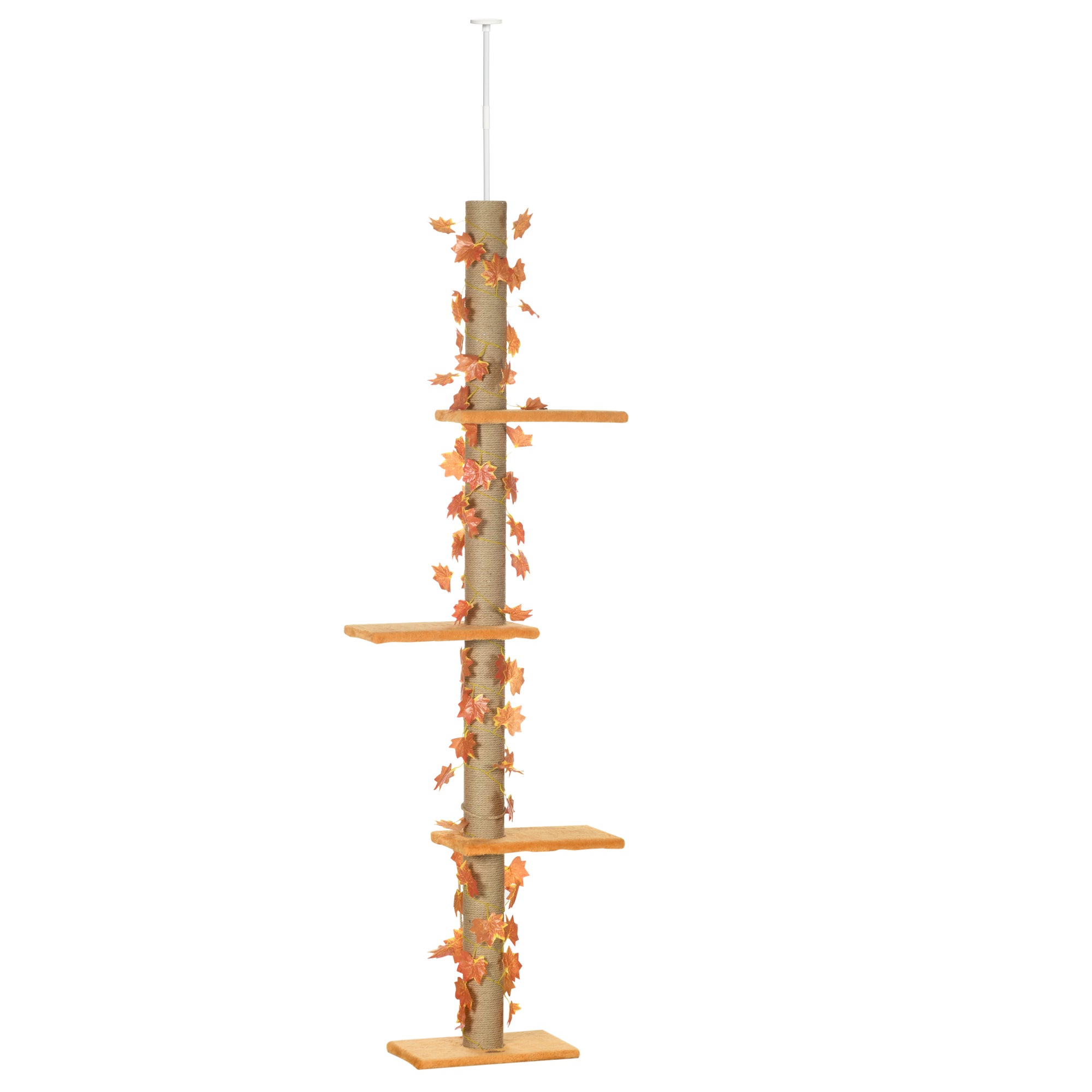 Floor-to-Ceiling Cat Tree 202-242 cm Cat Tower with 3 Platforms Sisal Posts Adjustable Height and Orange Maple Leaf Decoration