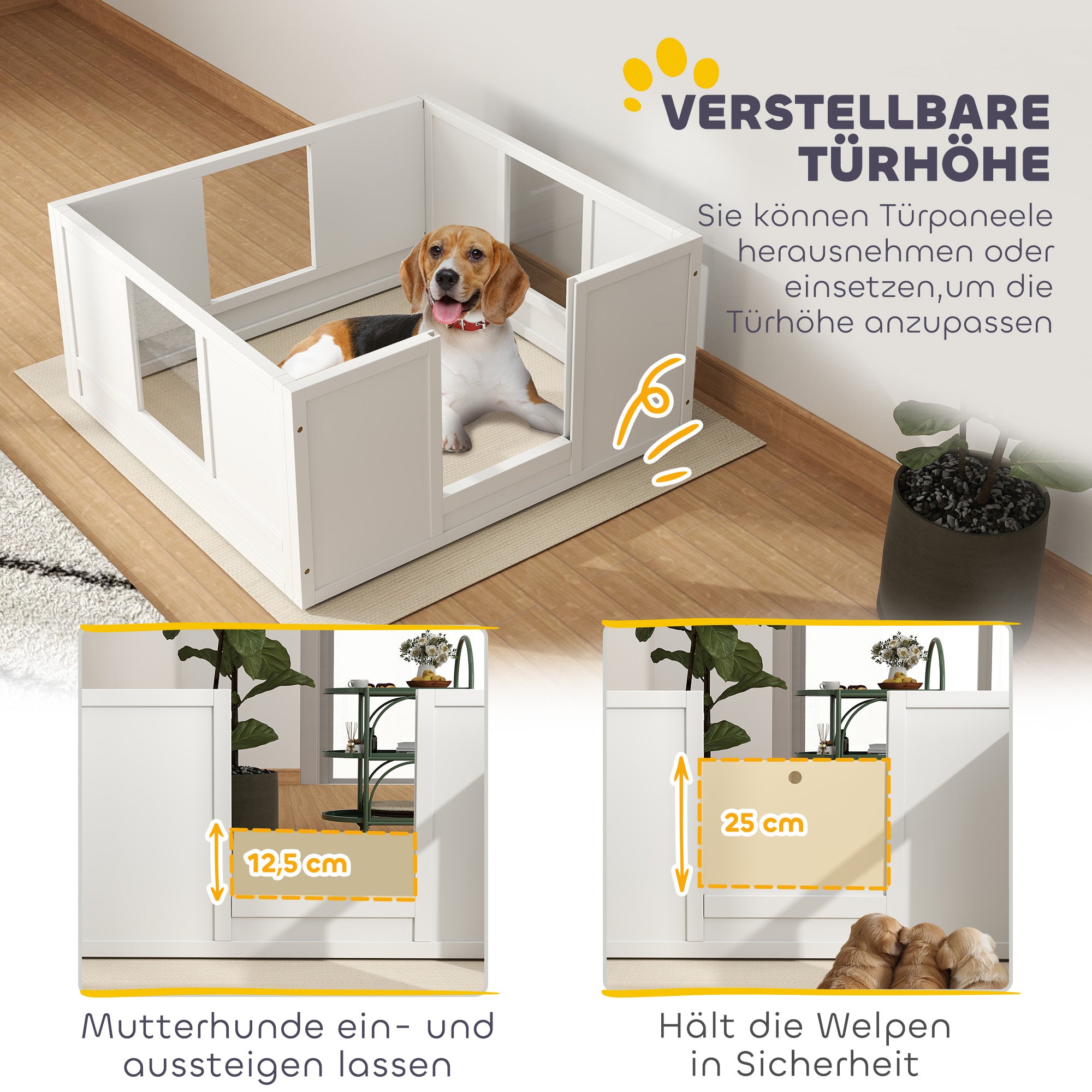 Puppy Whelping Box, Puppy Playpen with Adjustable Door, Dog Playpen with Non-Slip Foot Pads, Puppy Playpen Box for medium-sized dogs, 100x96x48 cm, White