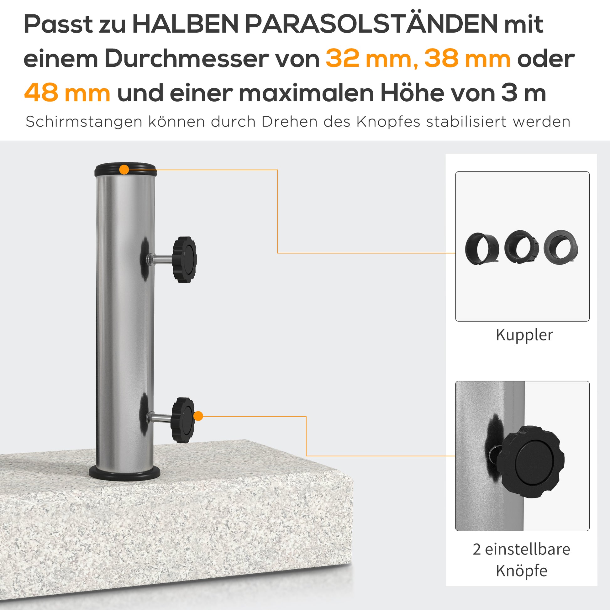 Granite Umbrella Stand 25kg Cantilever Umbrella Stand Umbrella Holder, Umbrella Weight, Stand for Umbrella 32/38/48mm Tube Diameter, for Balcony, Terrace, Garden, Gray
