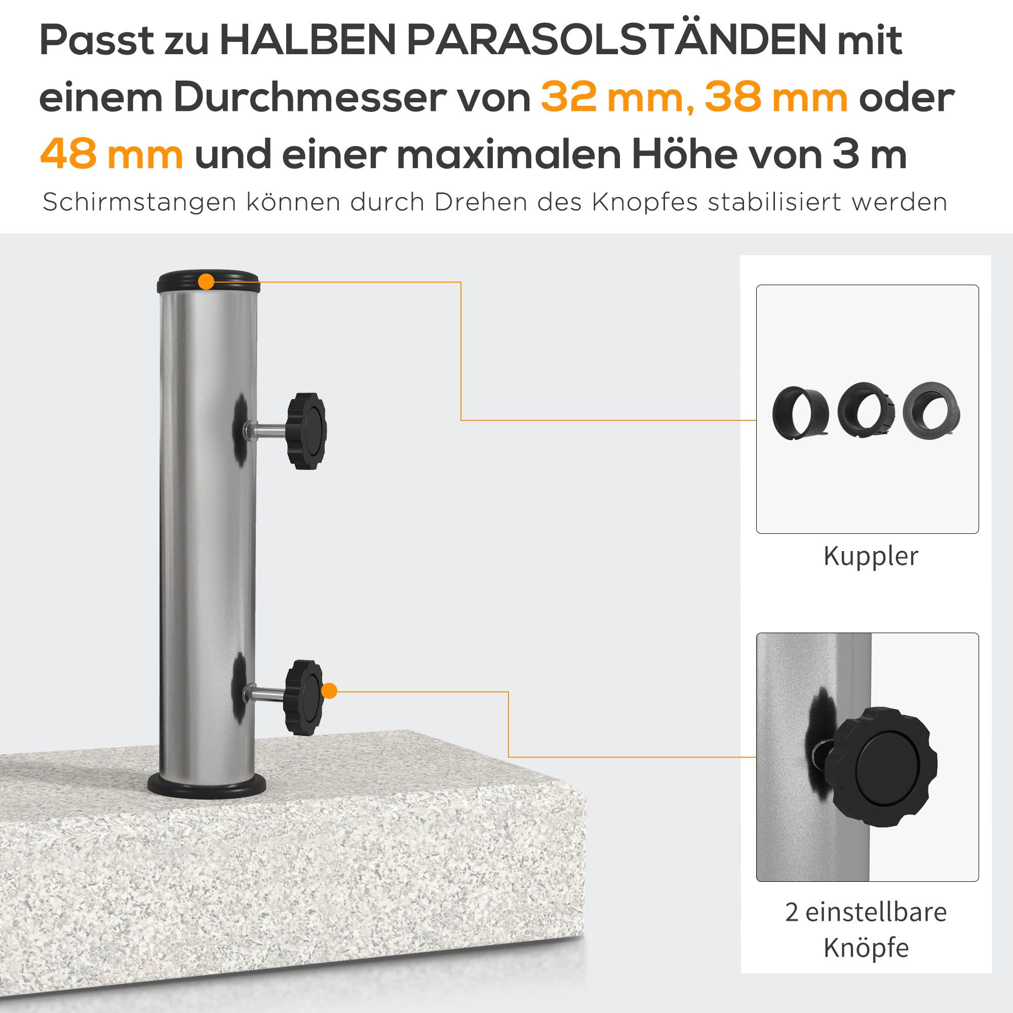 Granite Umbrella Stand 25kg Cantilever Umbrella Stand Umbrella Holder, Umbrella Weight, Stand for Umbrella 32/38/48mm Tube Diameter, for Balcony, Terrace, Garden, Gray