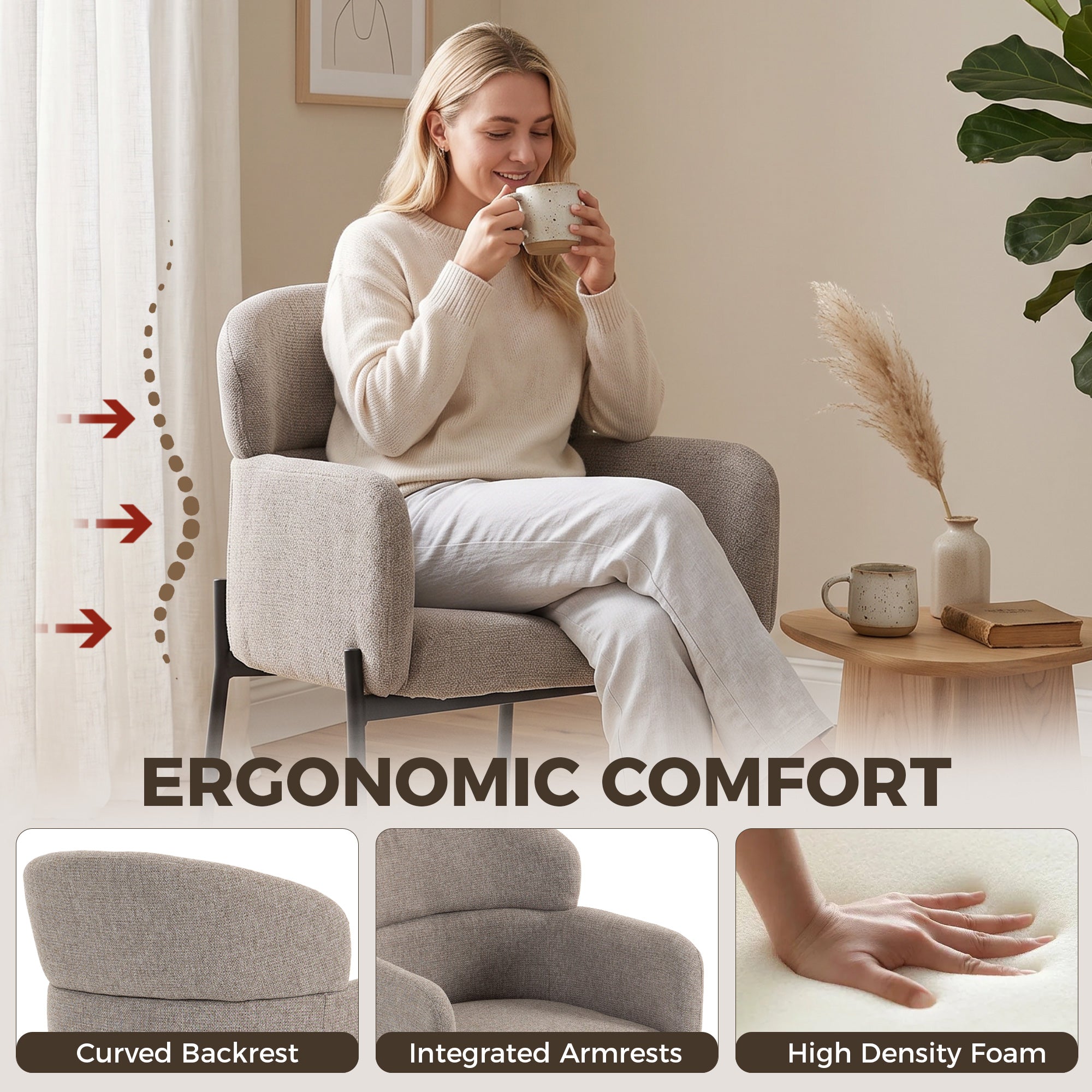 Chenille Accent Chair – Modern Upholstered Armchair with Metal Legs, Ergonomic Lounge Chair for Living Room & Bedroom, Light Brown