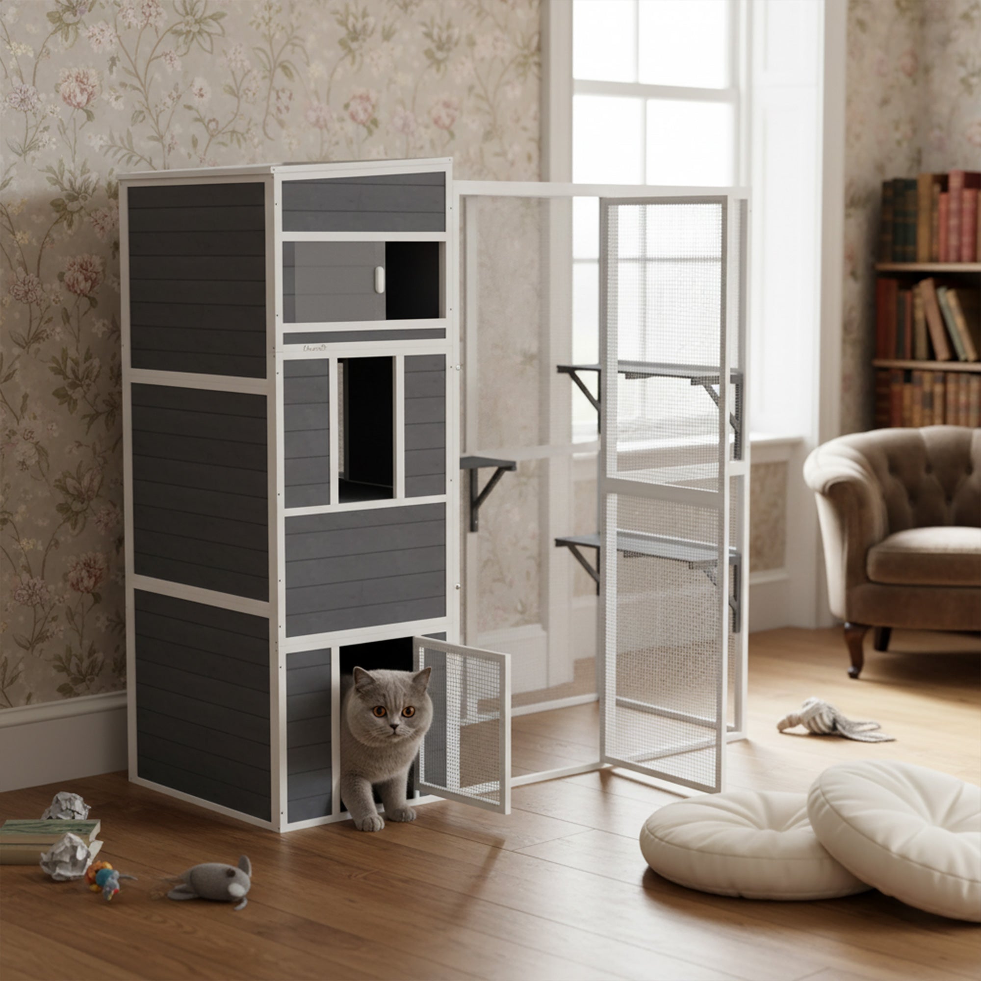 Outdoor Wooden Cat Enclosure with 3 Platforms, Weatherproof Roof, Window & Mesh Run for 3–4 Cats (up to 22 lb), Gray - Indoor/Outdoor