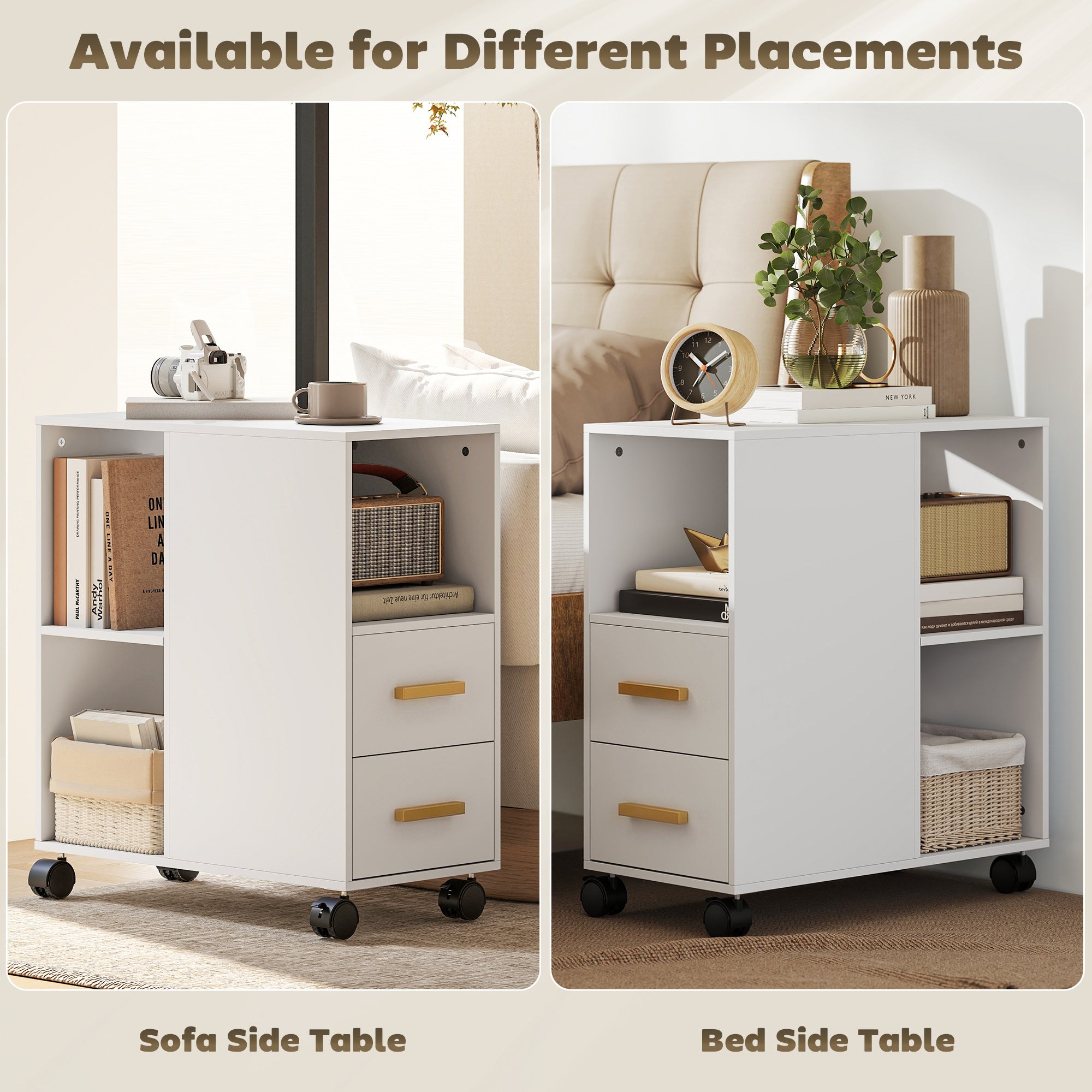 Mobile Printer Stand with Adjustable Shelf, Wheels & Desk Organizer — Printer Cart for Office, Fax, Scanner | White (23.6 x 11.8 x 25.6 in)