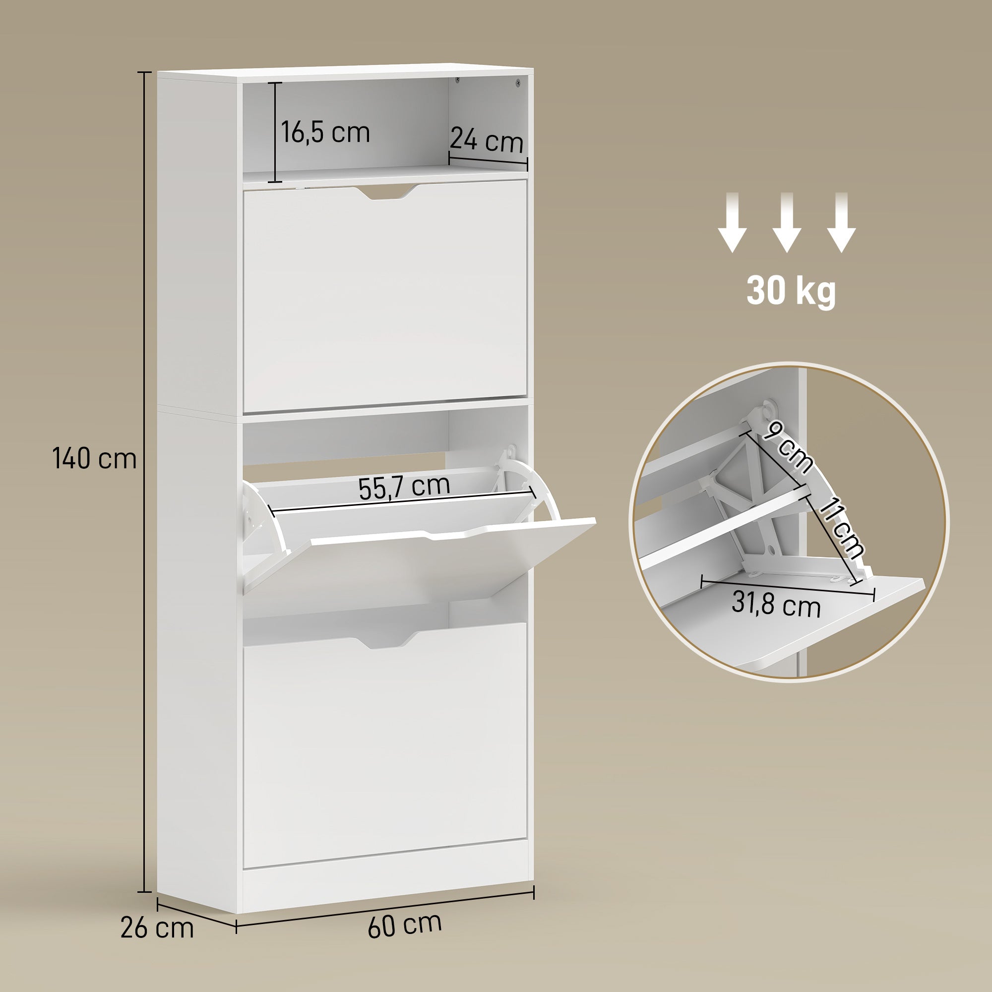 Shoe Cabinet for 12–18 Pairs, Slim Shoe Storage with 3 Tilt-Out Drawers, Open Compartment & Adjustable Shelves, for Hallway & Entry, 60 x 26 x 140 cm (23.6 x 10.2 x 55.1 in), White