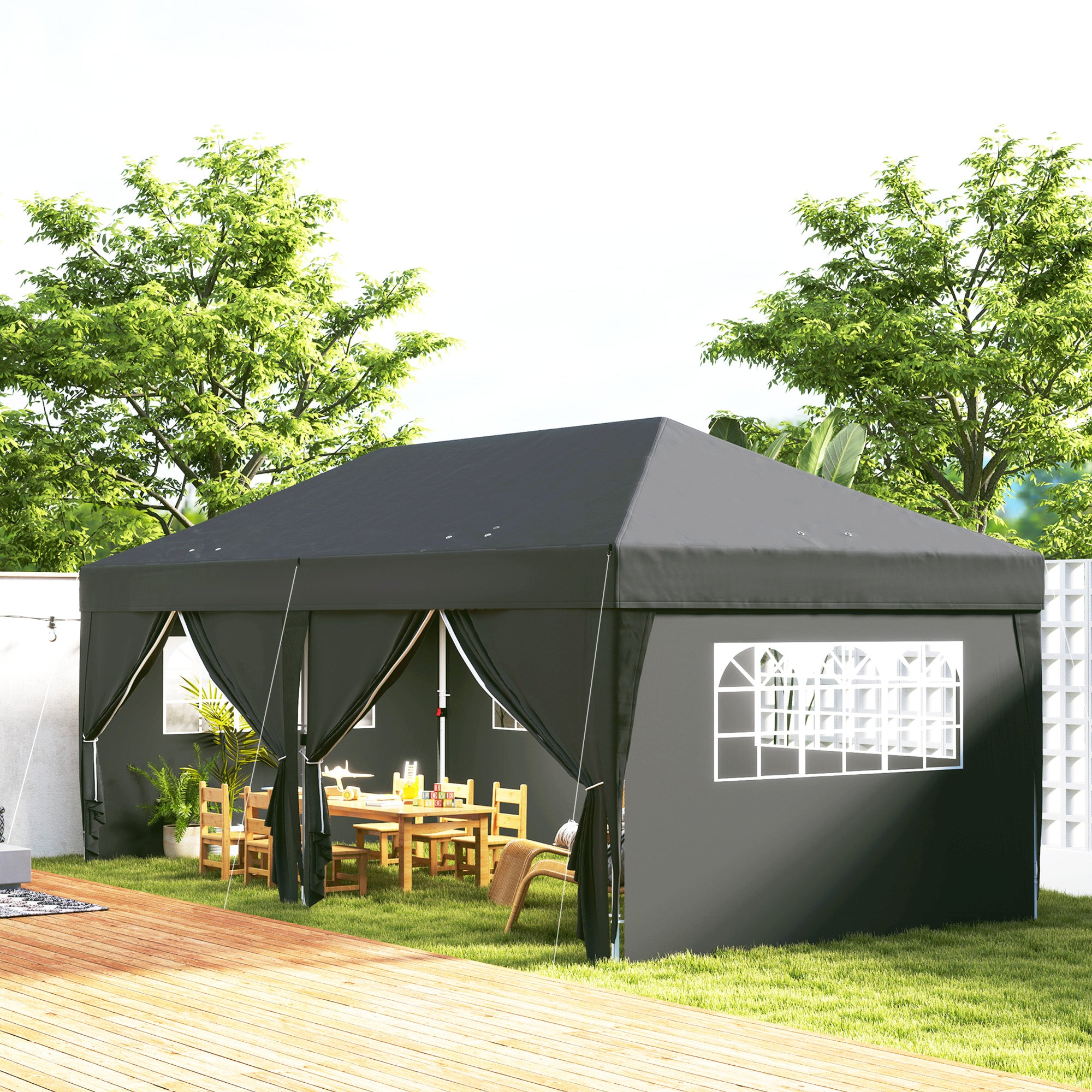 Gazebo approx. 6 x 3 m — Robust, Winter-Resistant Pop-Up Folding Canopy with Windowed Zip Door & Removable Side Panels, UV Protection, Black