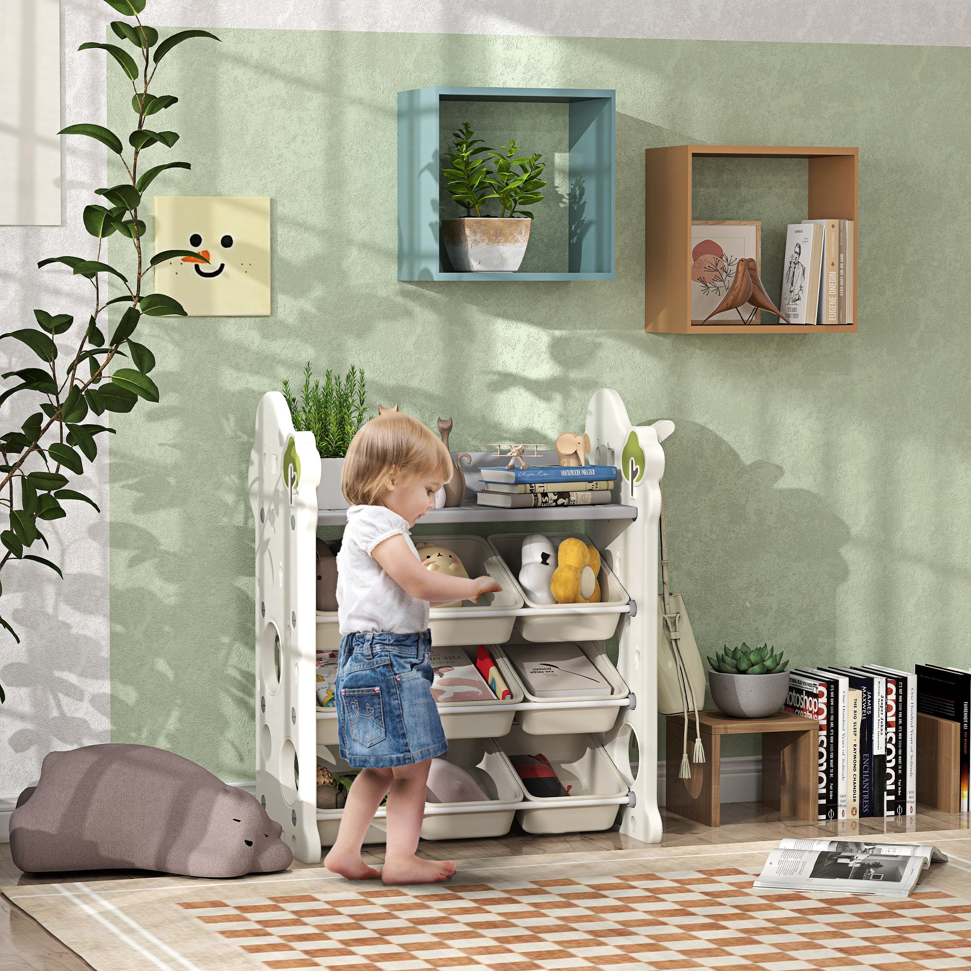 Children's Shelf 4-tier Toy Shelf with 9 Removable Boxes, Shelf, Hooks, Nursery Shelf Storage Shelf for Kindergarten, Playroom, 77 x 42 x 94 cm, Off-white