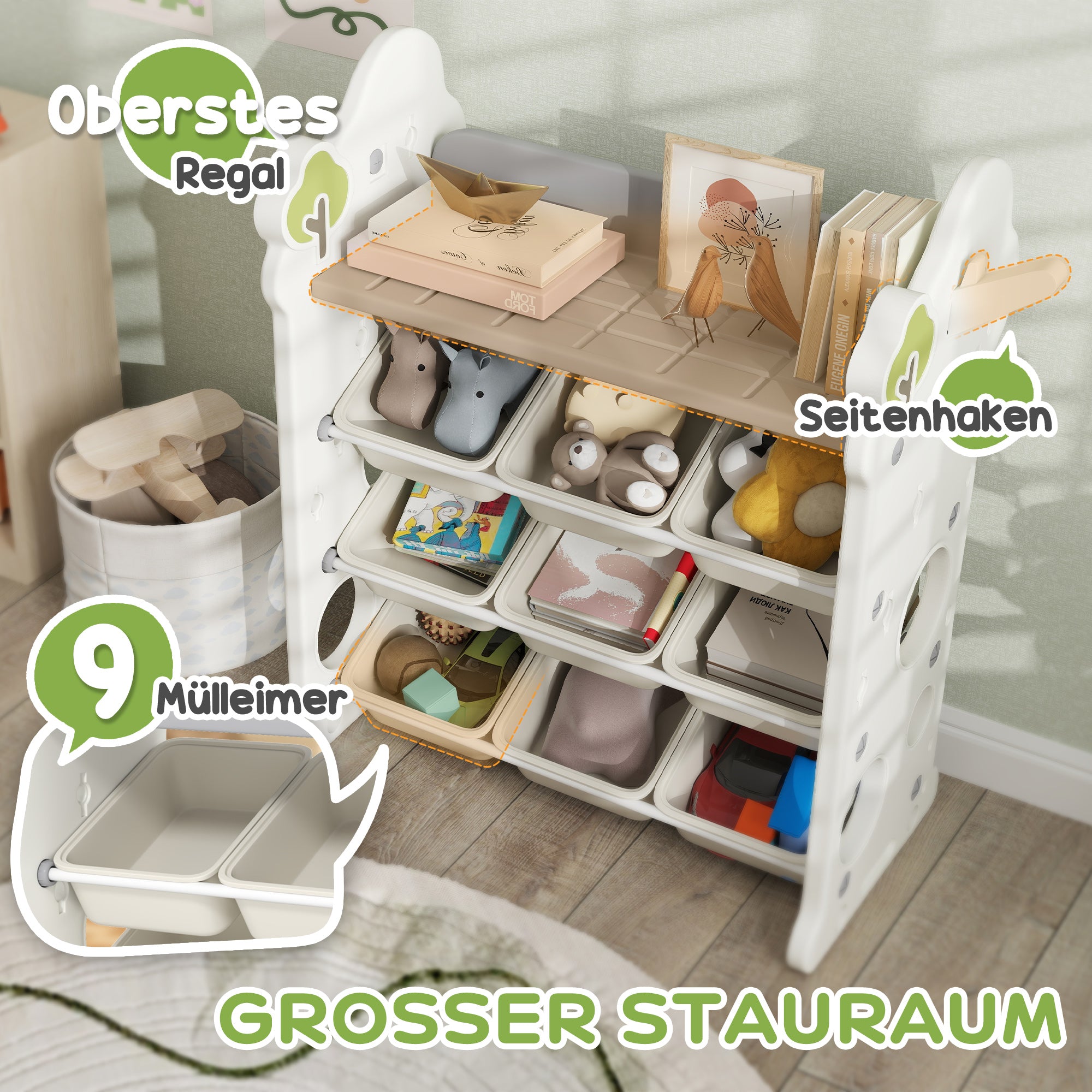 Children's Shelf 4-tier Toy Shelf with 9 Removable Boxes, Shelf, Hooks, Nursery Shelf Storage Shelf for Kindergarten, Playroom, 77 x 42 x 94 cm, Off-white