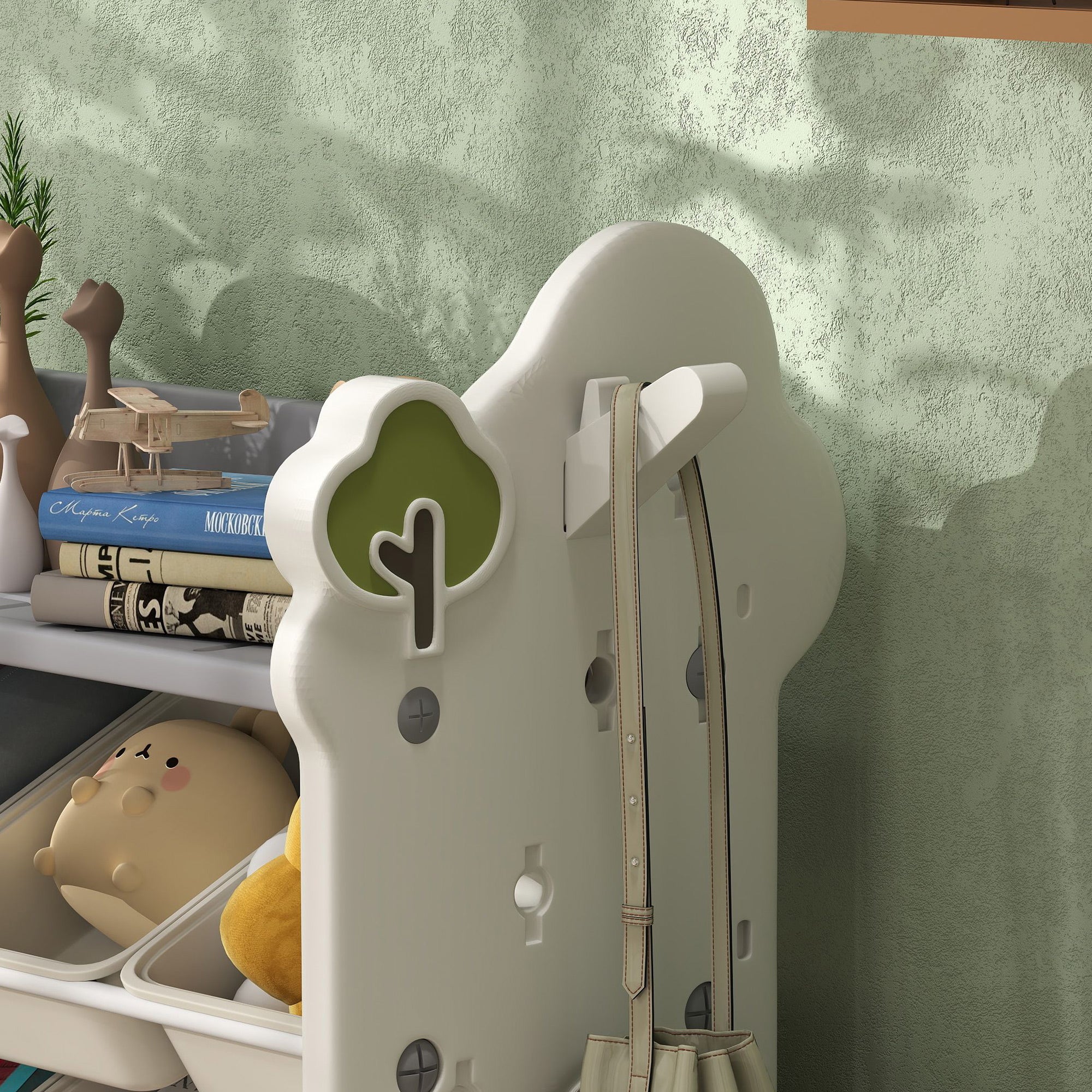 Children's Shelf 4-tier Toy Shelf with 9 Removable Boxes, Shelf, Hooks, Nursery Shelf Storage Shelf for Kindergarten, Playroom, 77 x 42 x 94 cm, Off-white