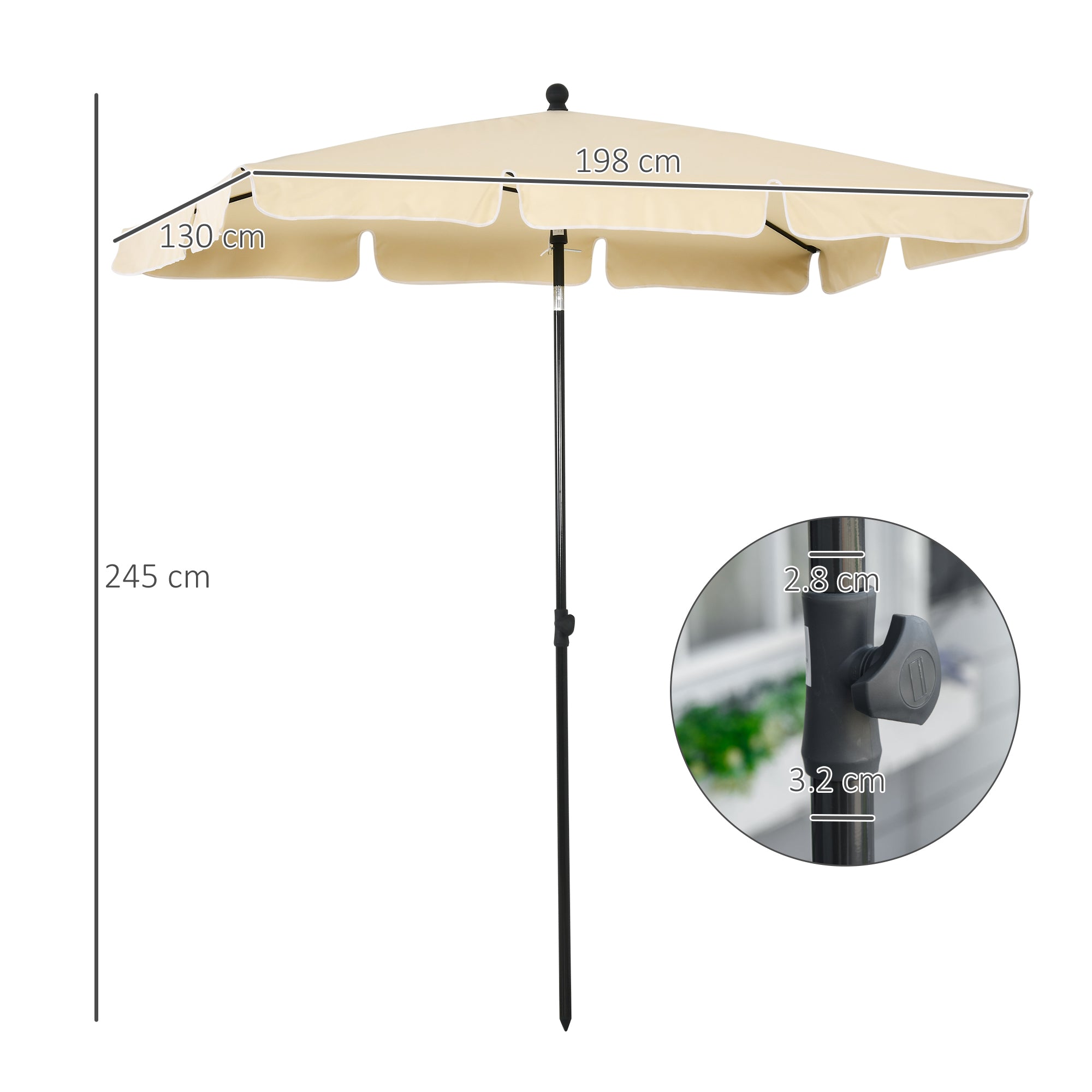 Garden Umbrella 2x1.3m Tiltable with Ruffled Edges, Outdoor Umbrella with 4 Aluminum Ribs and 160g/㎡ Polyester, for Yard, Terrace, and Balcony, Beige