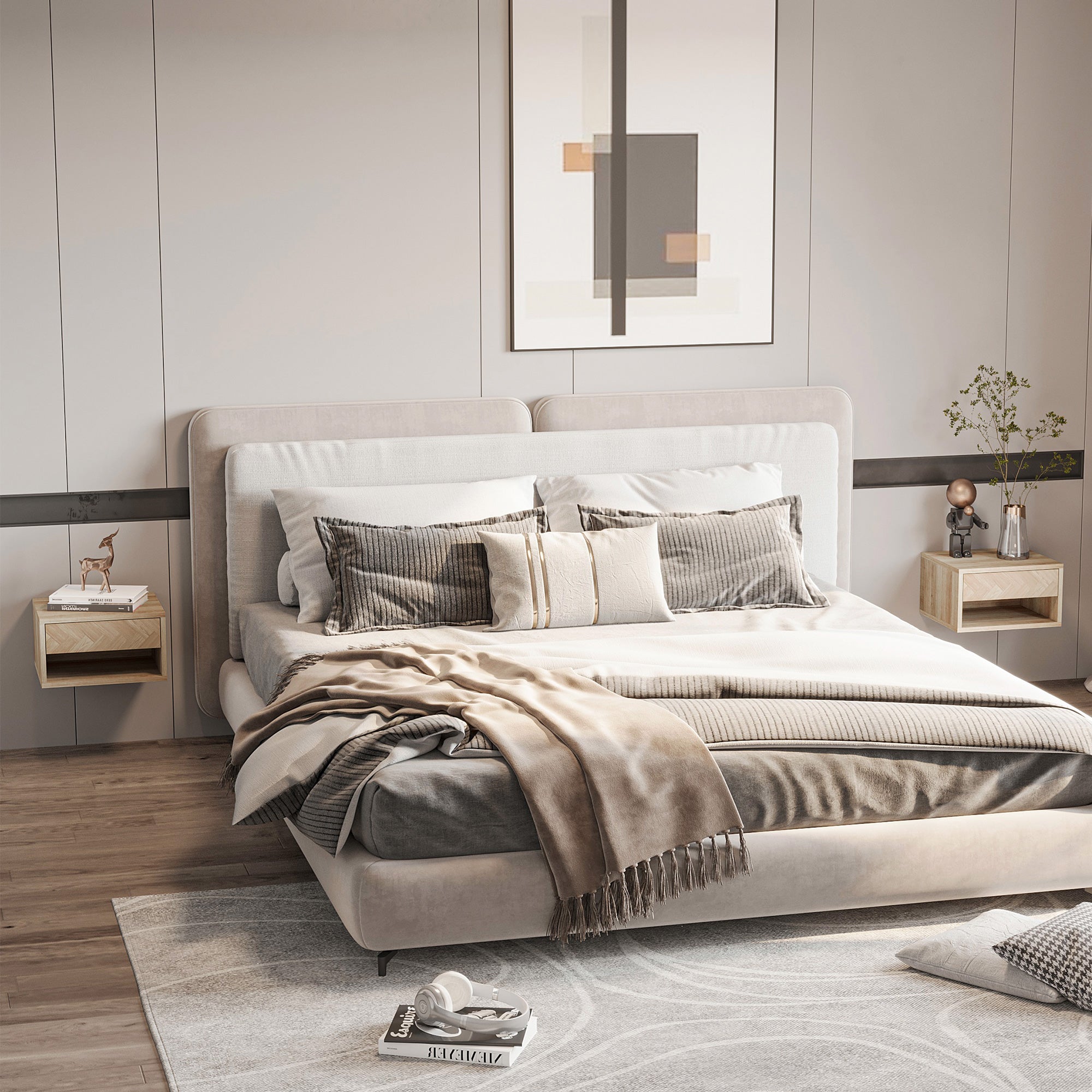 Set of 2 Floating Nightstands Bedside Tables with Drawer for Bedroom Living Room 37x32x21 cm Natural Wood