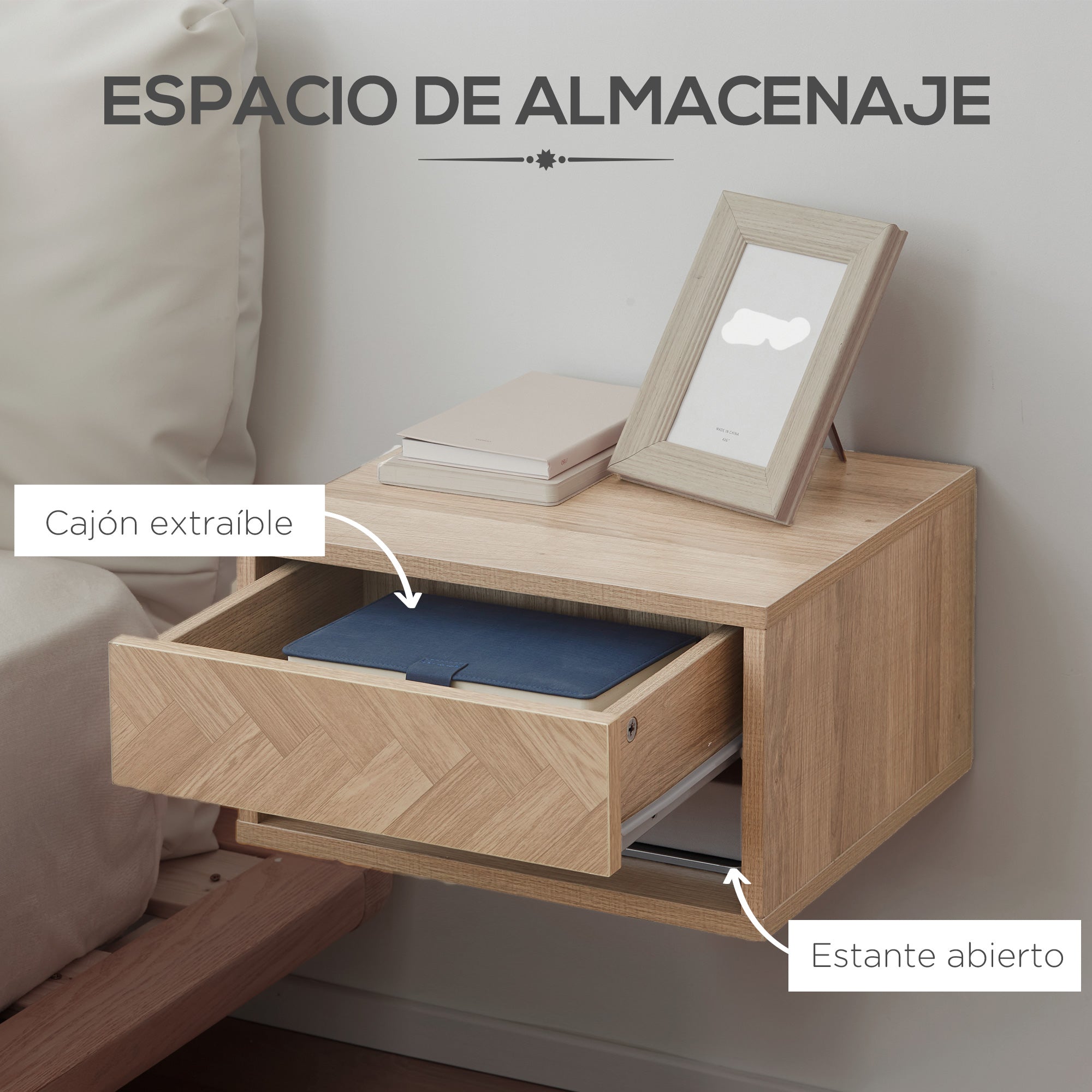 Set of 2 Floating Nightstands Bedside Tables with Drawer for Bedroom Living Room 37x32x21 cm Natural Wood