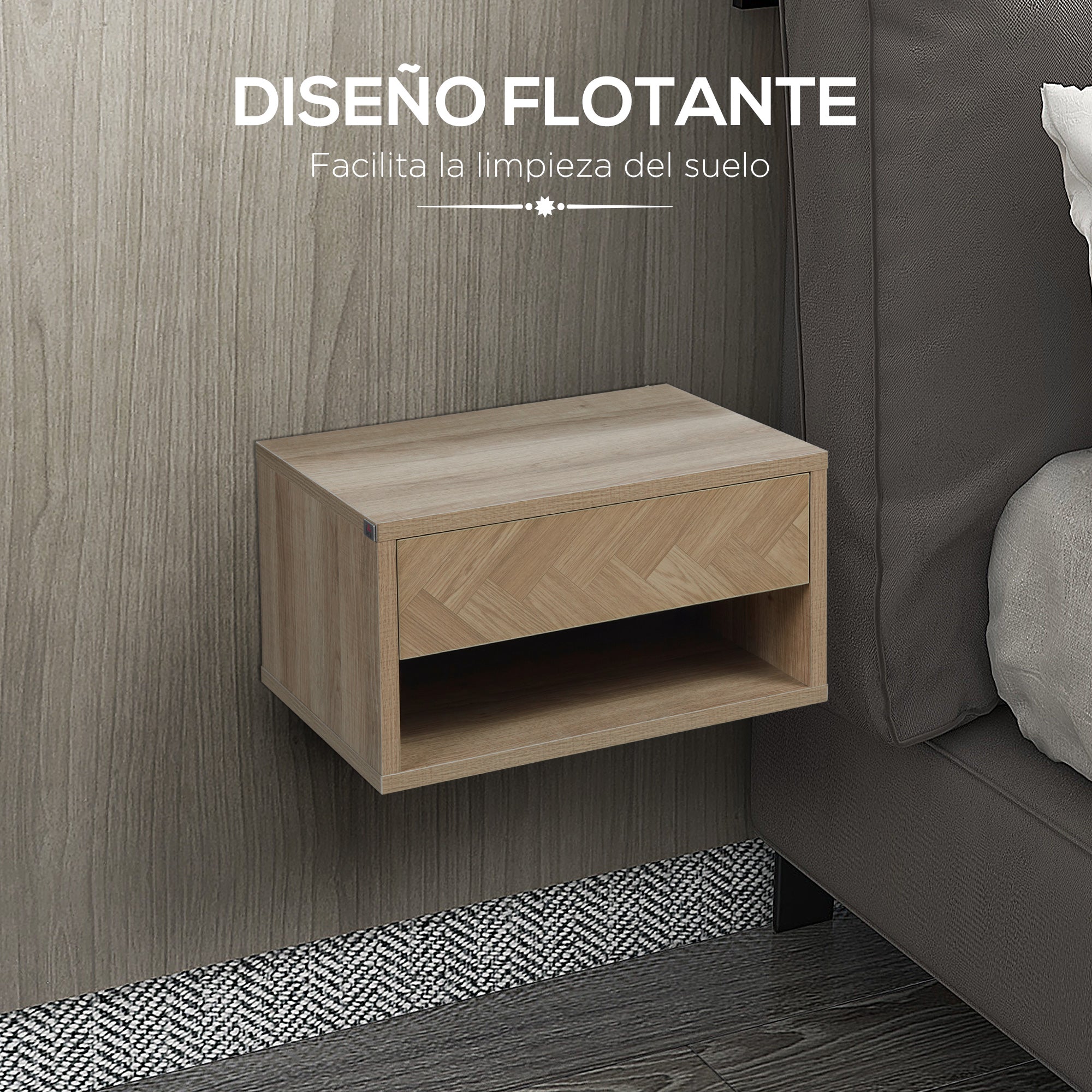 Set of 2 Floating Nightstands Bedside Tables with Drawer for Bedroom Living Room 37x32x21 cm Natural Wood
