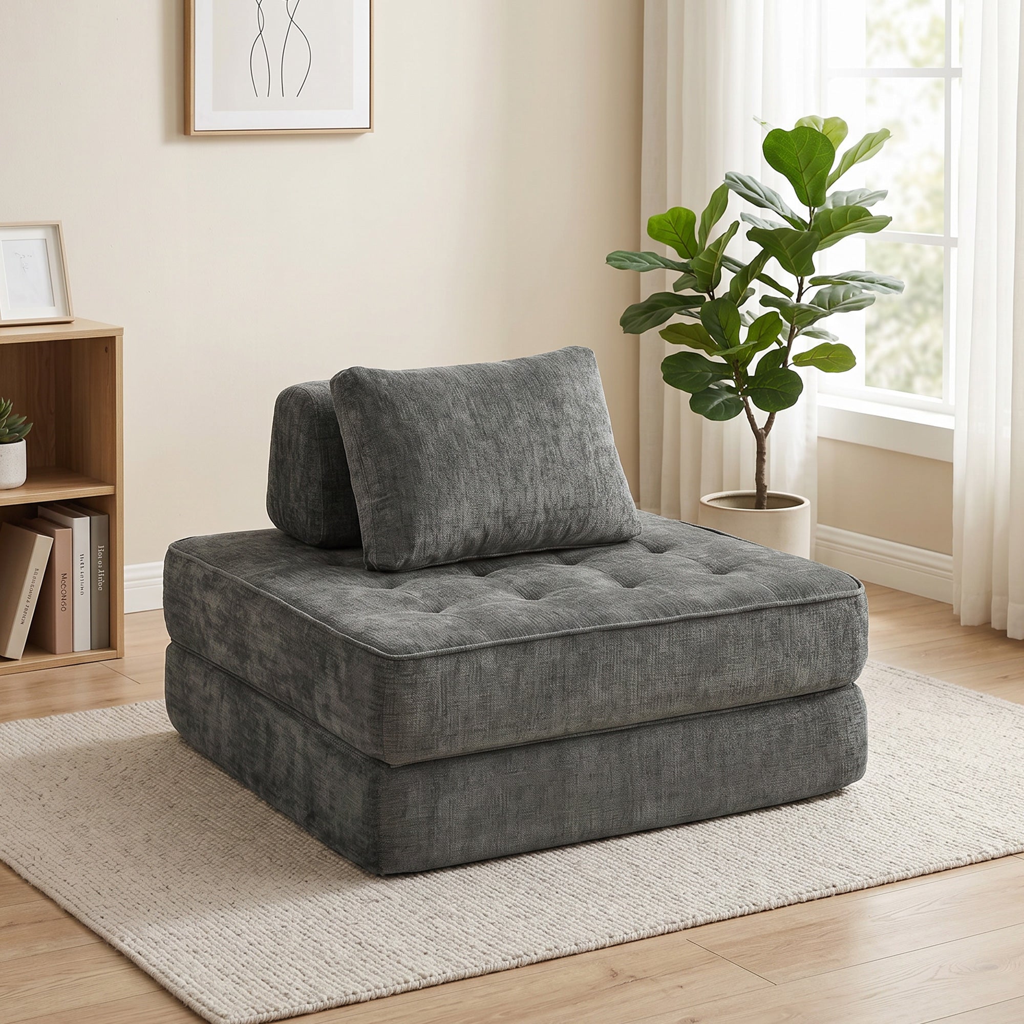 2-in-1 Folding Single Sofa Bed – Chenille Floor Chair with Thick Foldable Mattress, Removable Pillow & Backrest, Compressed, No Assembly, Gray