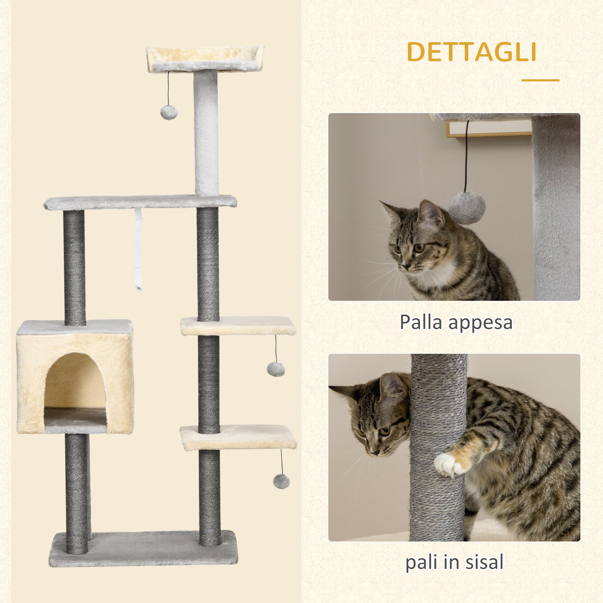 156cm High Cat Scratching Post with Lounge Bed, House, Sisal Scratching Posts, Wood, and Plush, Grey and Beige