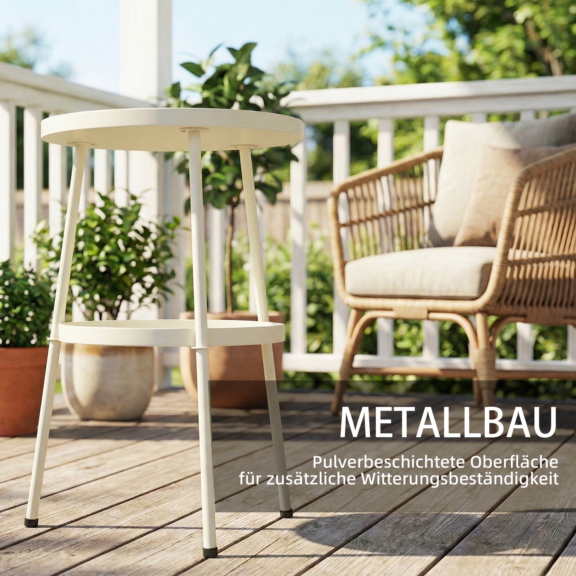 Round Patio Side Table Ø36 cm (14.2 in) – Metal Balcony & Camping Table, Cream White