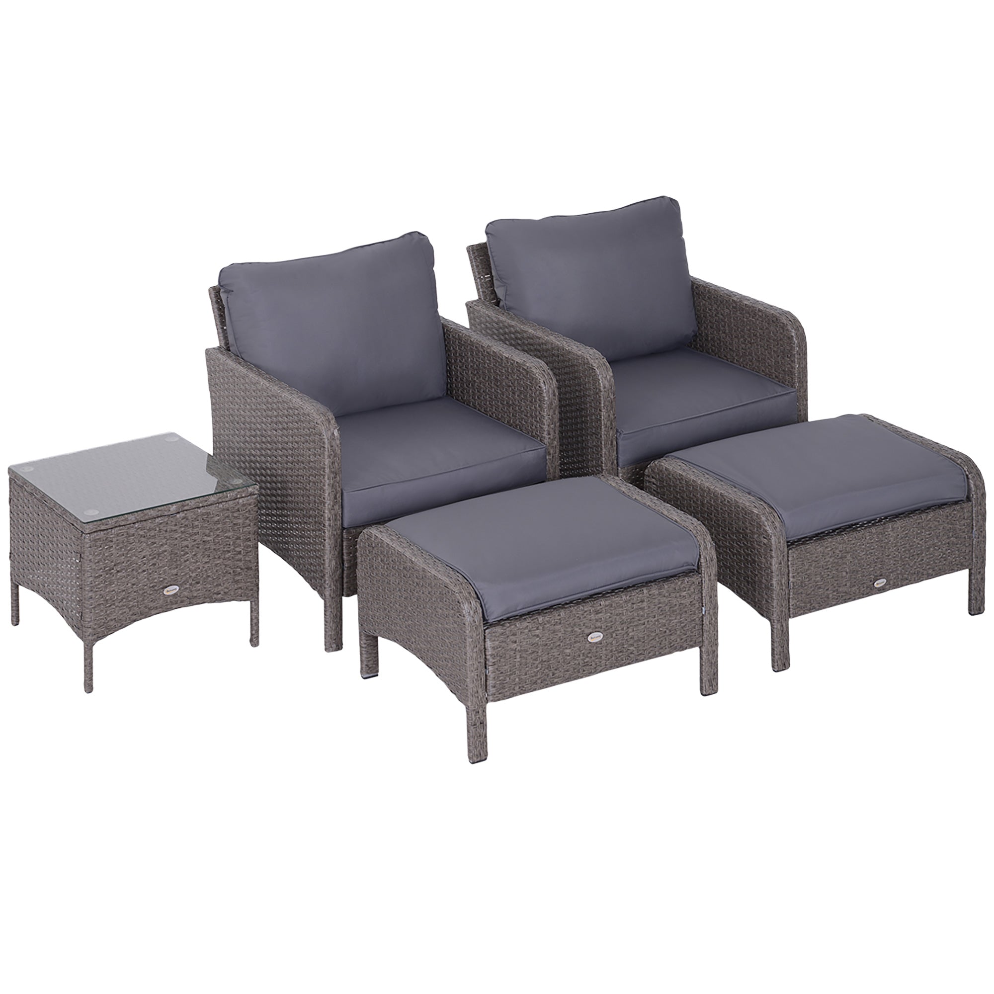 Garden Furniture Set 2 Chairs 2 Footstools 1 Tempered Glass Coffee Table Gray Rattan