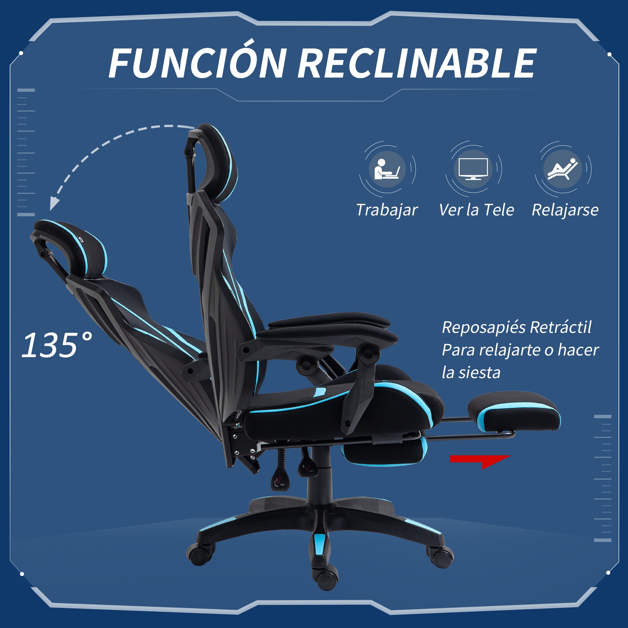 Gaming Chair with Retractable Footrest Reclining Swivel Office Chair with Headrest and Height Adjustable 65x65x119-129 cm Black and Blue