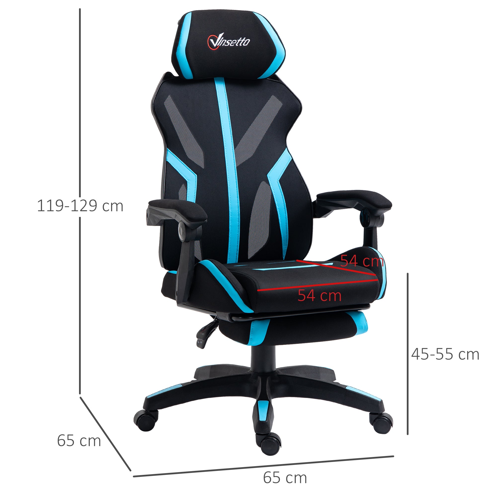 Gaming Chair with Retractable Footrest Reclining Swivel Office Chair with Headrest and Height Adjustable 65x65x119-129 cm Black and Blue