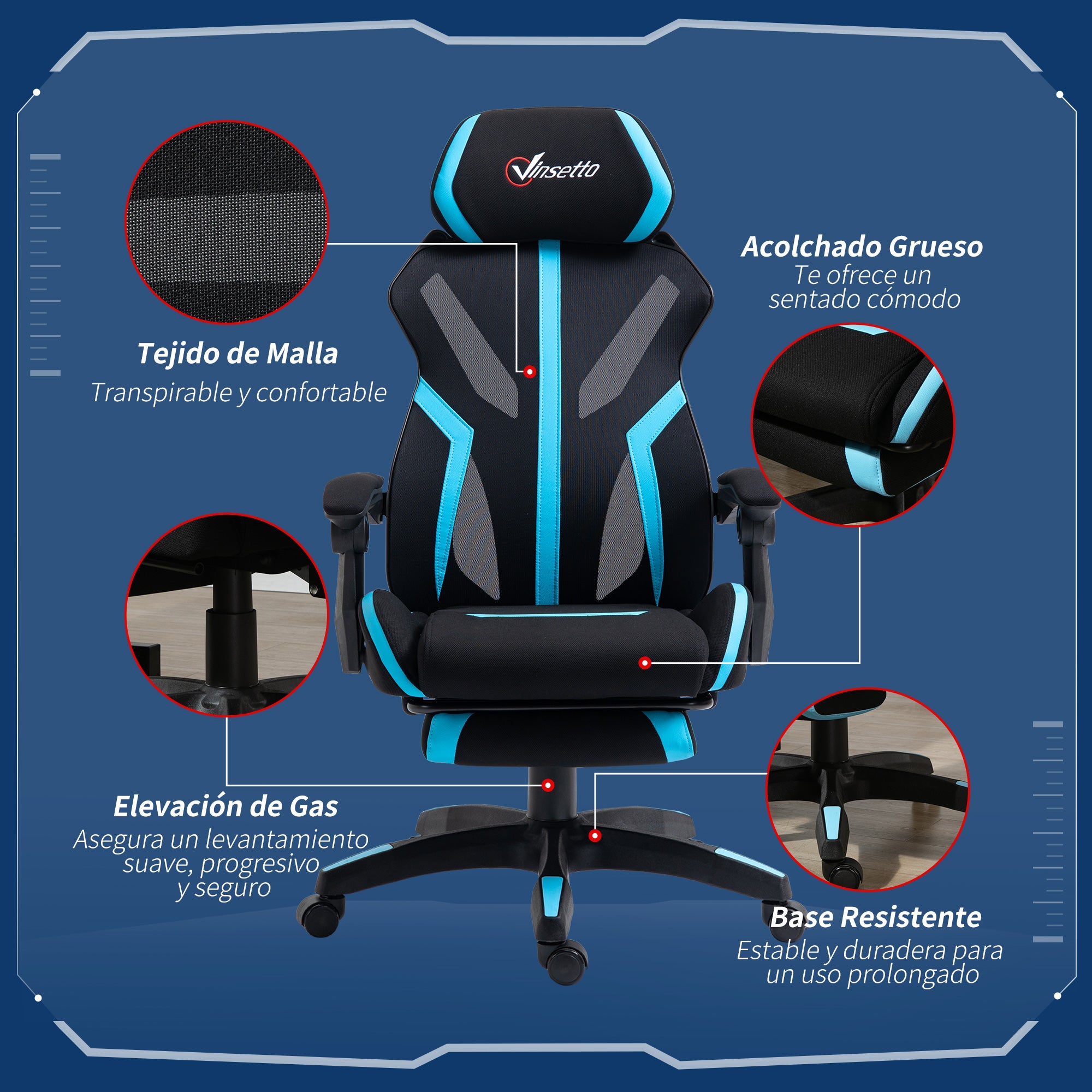 Gaming Chair with Retractable Footrest Reclining Swivel Office Chair with Headrest and Height Adjustable 65x65x119-129 cm Black and Blue