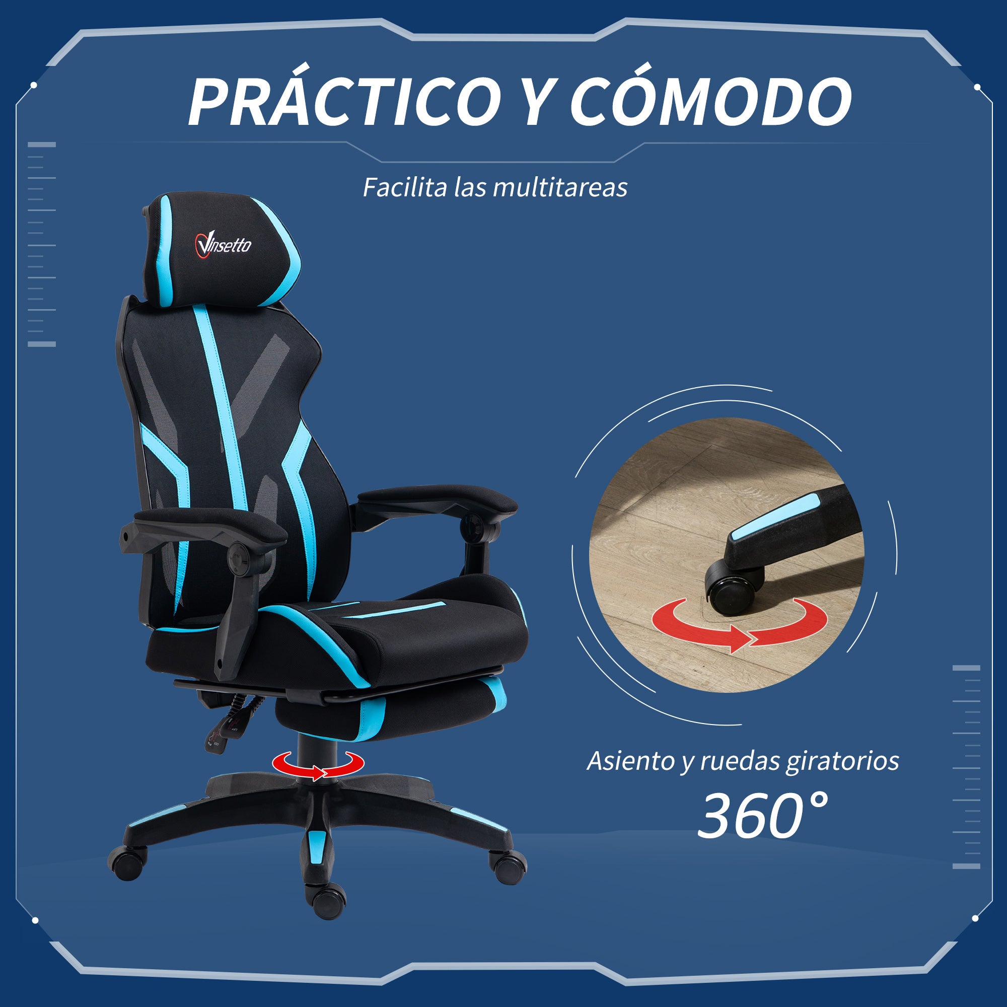 Gaming Chair with Retractable Footrest Reclining Swivel Office Chair with Headrest and Height Adjustable 65x65x119-129 cm Black and Blue