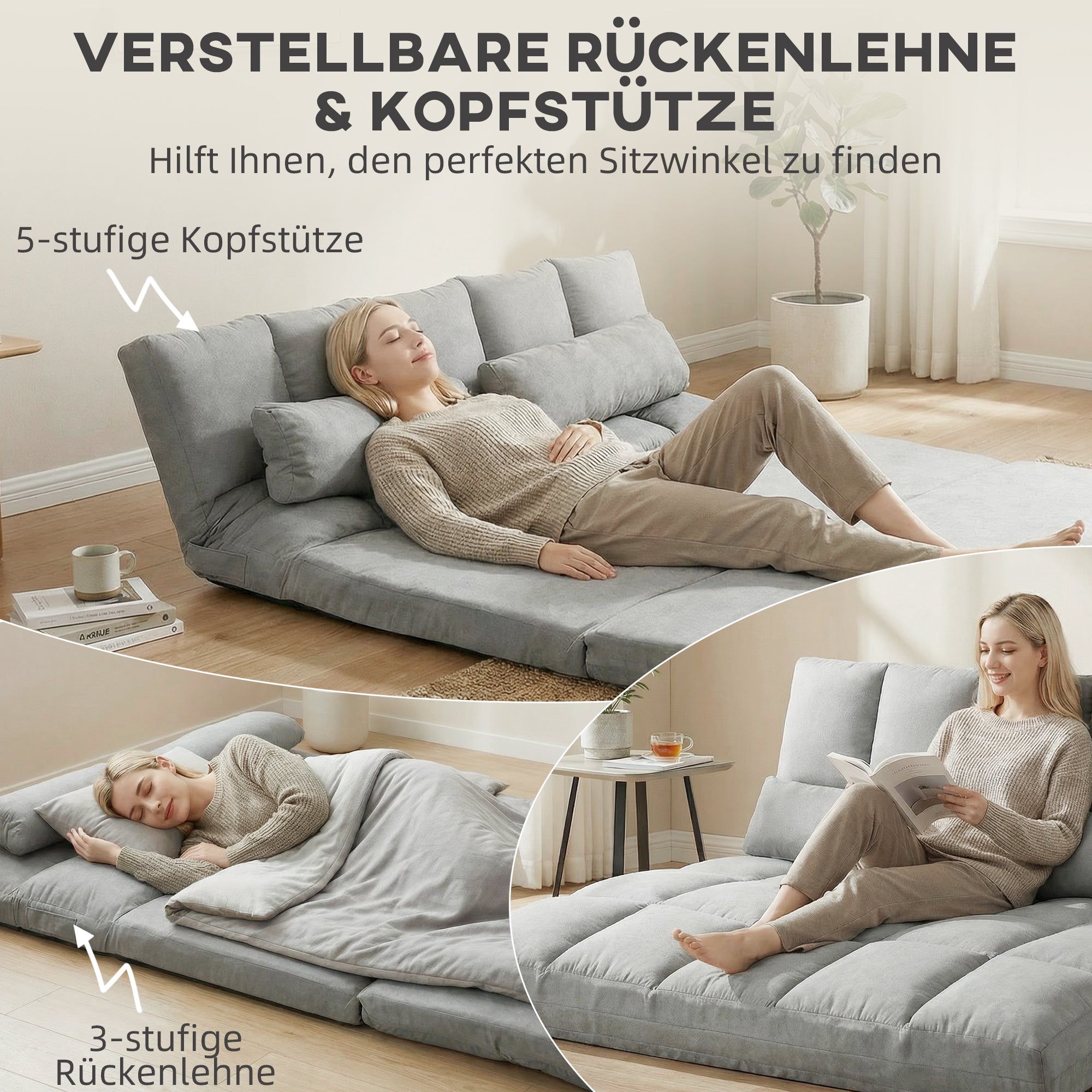 2-in-1 Floor Sofa Bed with 3-Position Backrest & 5-Position Headrest, Foldable Sleeper Chair, Light Gray (130 x 73 x 60 cm / 51.2 x 28.7 x 23.6 in)