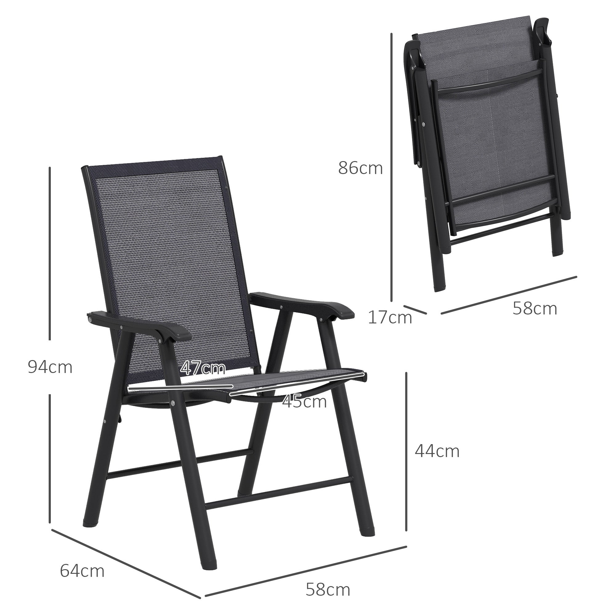 Set of 2 Folding Camping Chairs Padded Outdoor Garden Folding Chairs in Mesh with Steel Frame and Armrests Load 110 kg for Terrace Beach 58x64x94 cm Dark Gray
