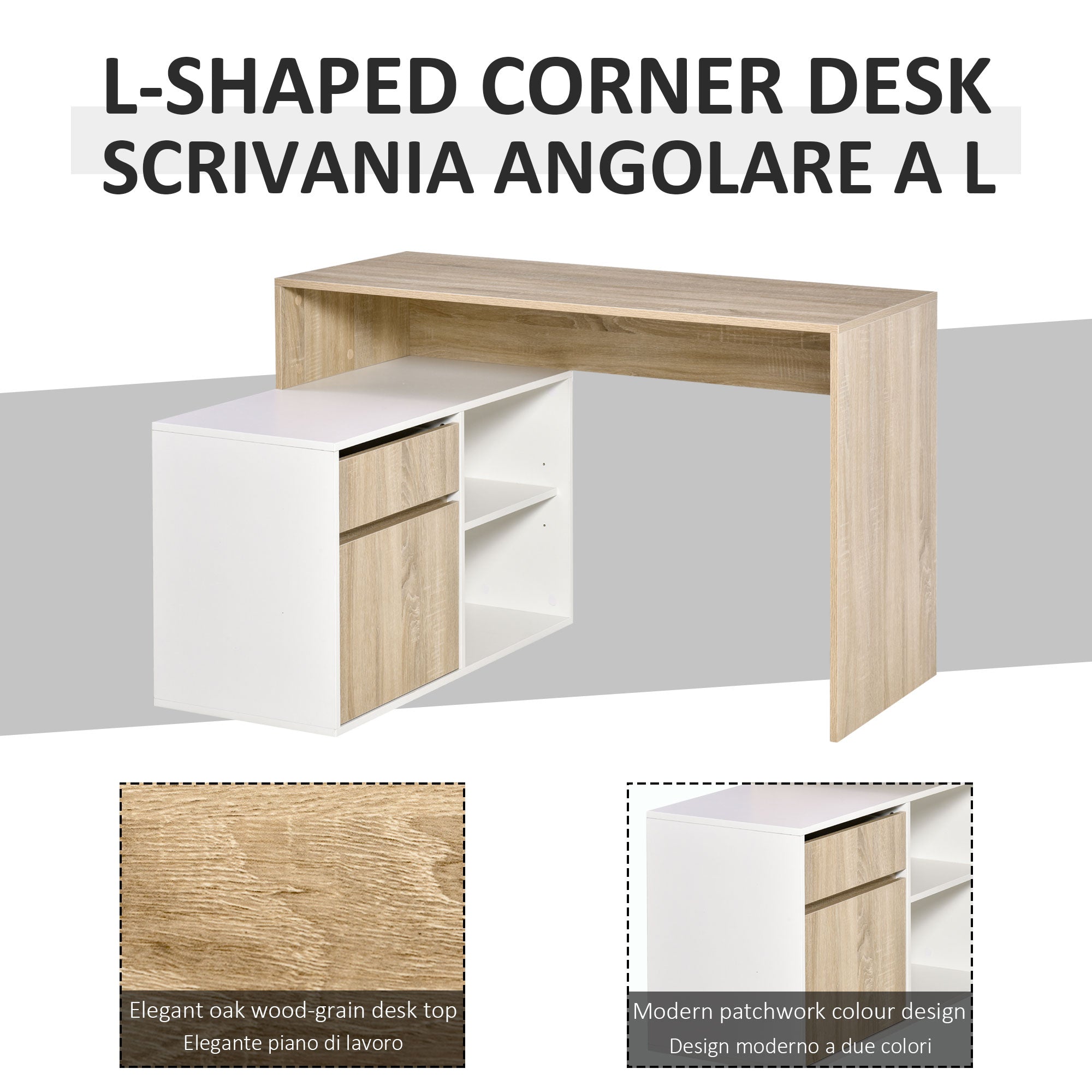 Corner Desk, L-Shaped Computer Desk for Bedroom or Office, Space-Saving Wooden Desk, Oak and White
