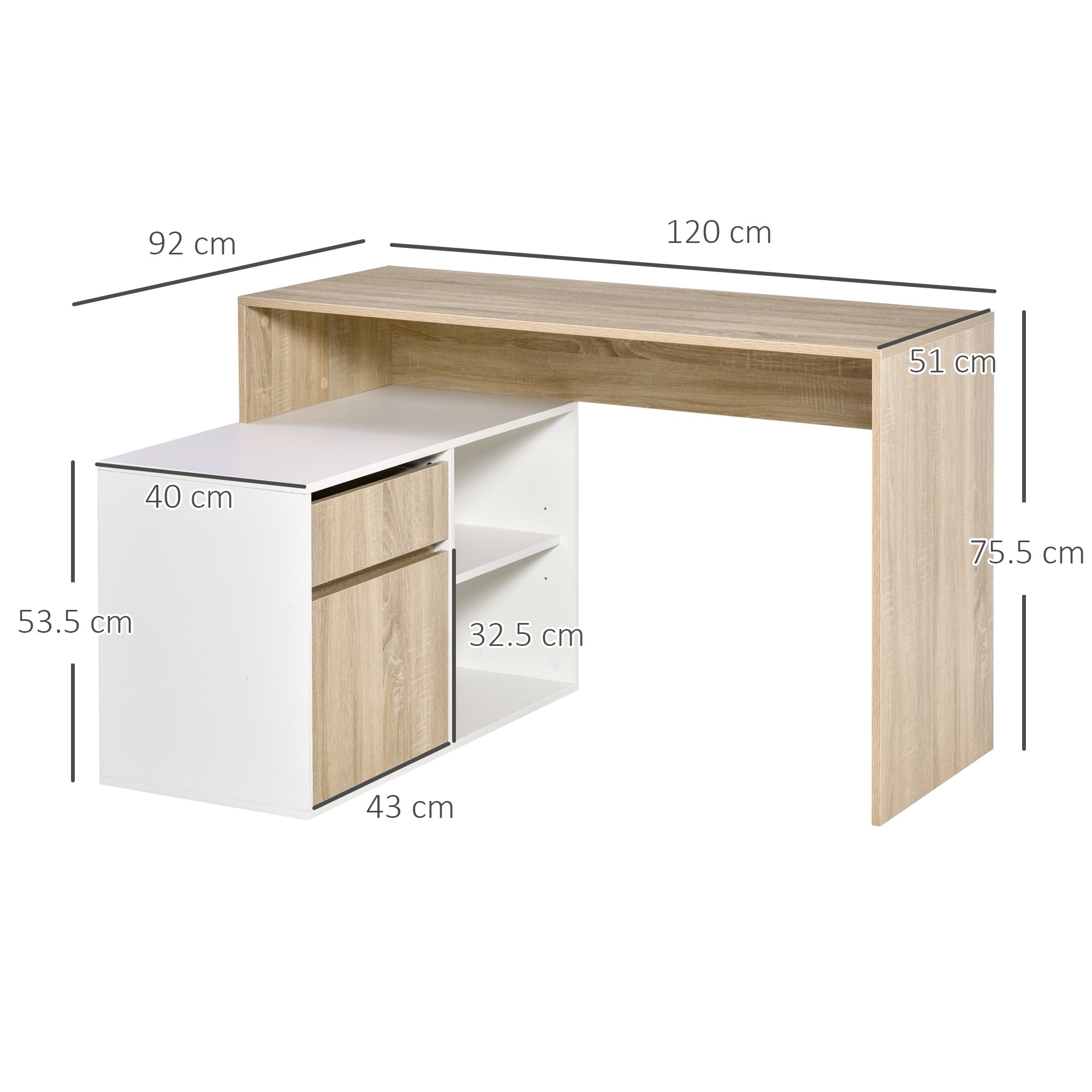 Corner Desk, L-Shaped Computer Desk for Bedroom or Office, Space-Saving Wooden Desk, Oak and White