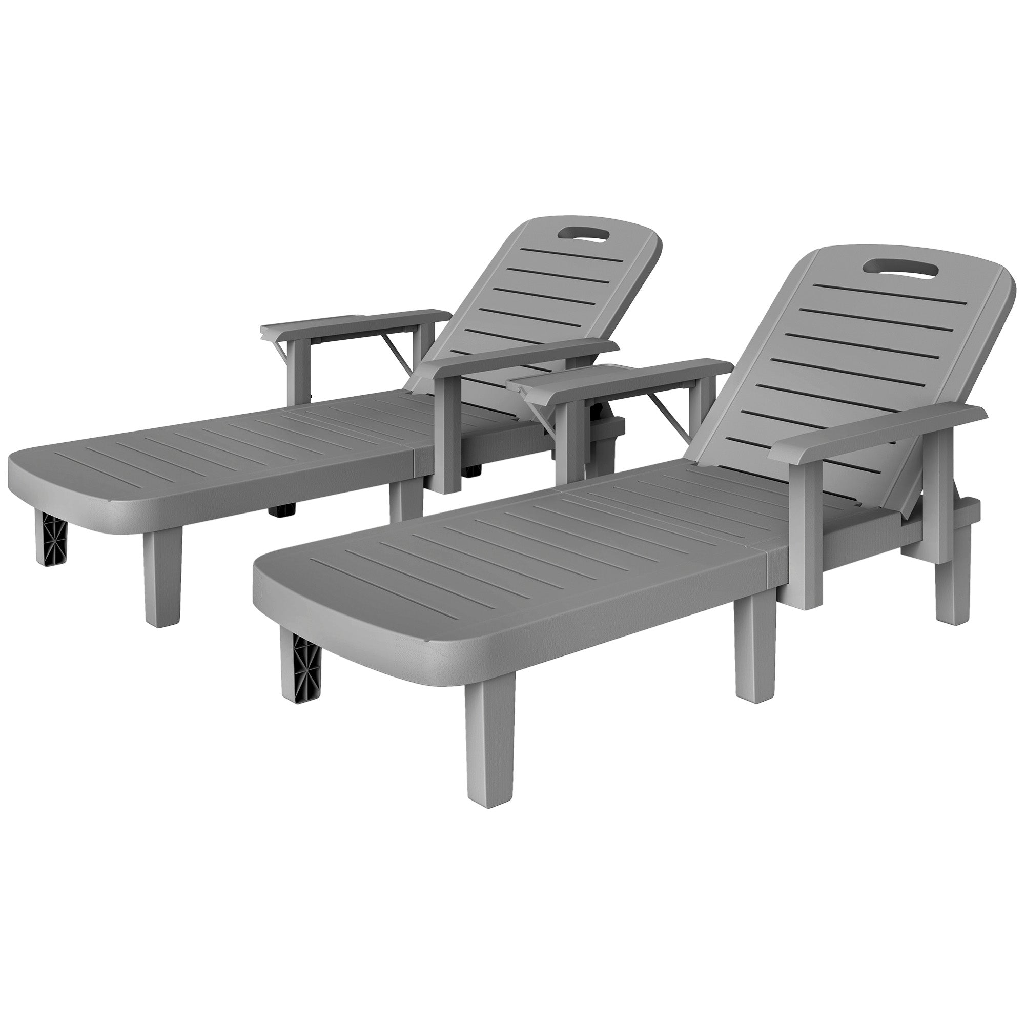 2-Piece Sun Lounger Set with Side Table, Wood-Effect Outdoor Recliners, 5-Position Adjustable Backrest, Weatherproof, Up to 265 lb Capacity, Dark Gray